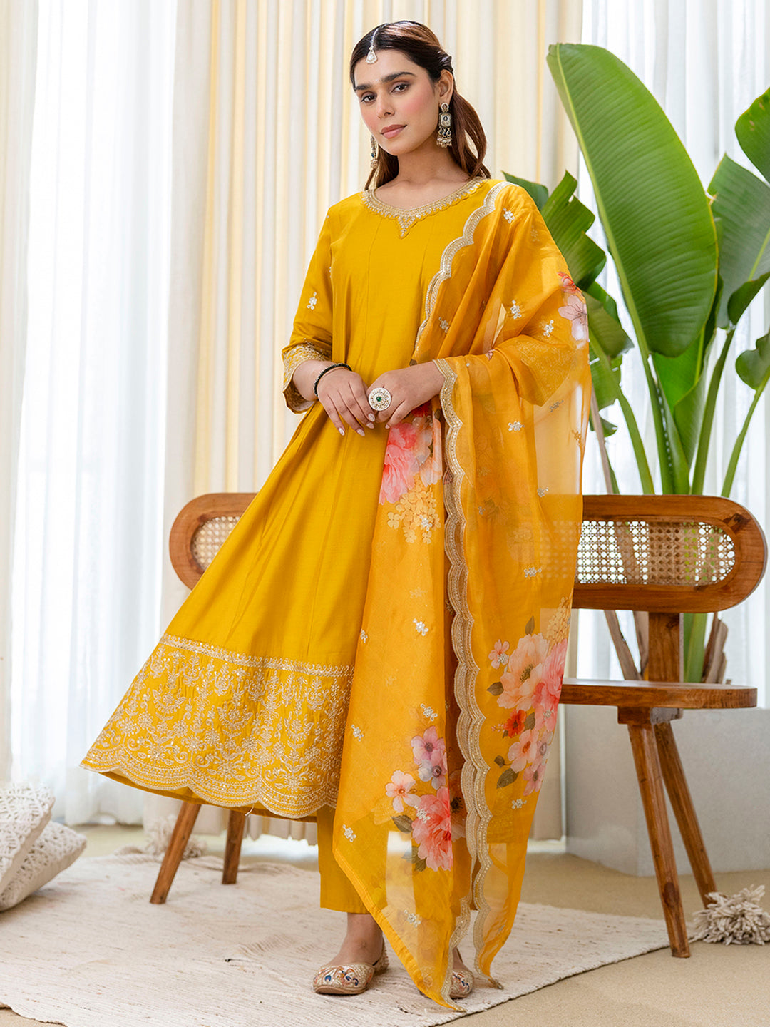 Shreya Women's Musterd Silk Blend Straight Kurta Set with Sheer Printed Dupatta