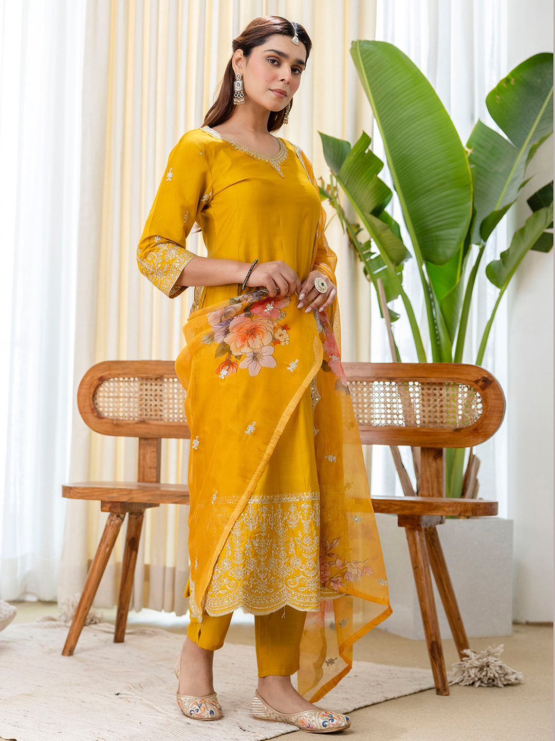 Shreya Women's Musterd Silk Blend Straight Kurta Set with Sheer Printed Dupatta