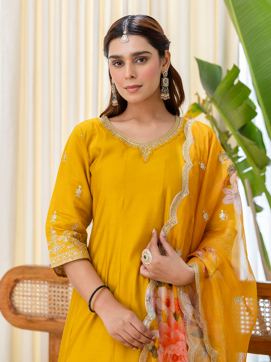 Shreya Women's Musterd Silk Blend Straight Kurta Set with Sheer Printed Dupatta