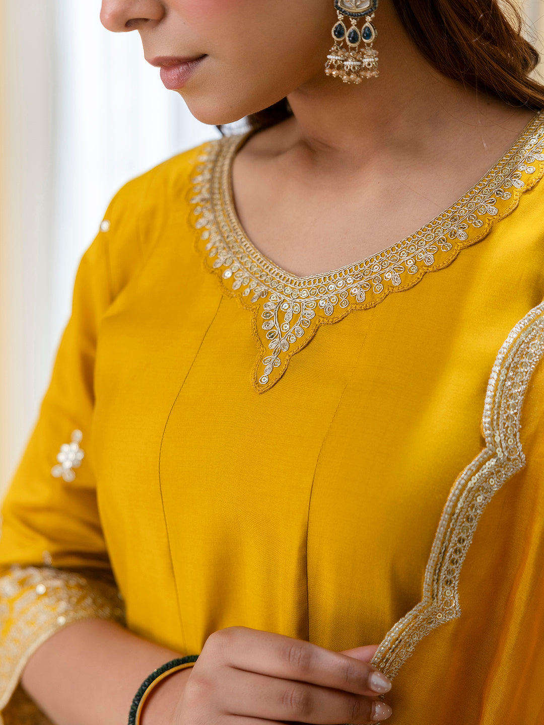 Vireya Mustard Embroidred Kurta Sets with Sequins Work Women Suits