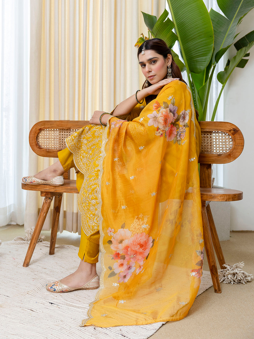 Shreya Women's Musterd Silk Blend Straight Kurta Set with Sheer Printed Dupatta