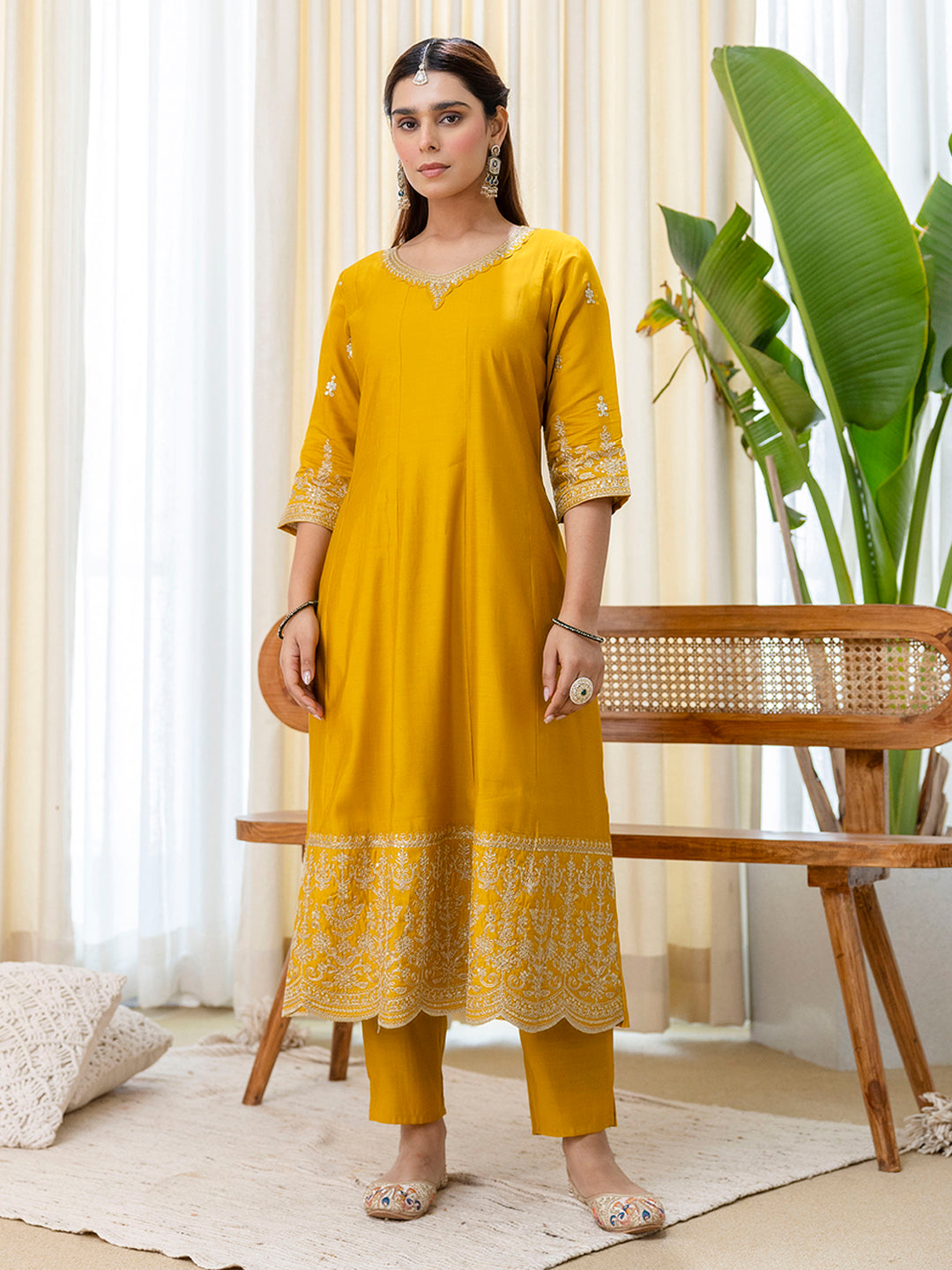 Shreya Women's Musterd Silk Blend Straight Kurta Set with Sheer Printed Dupatta