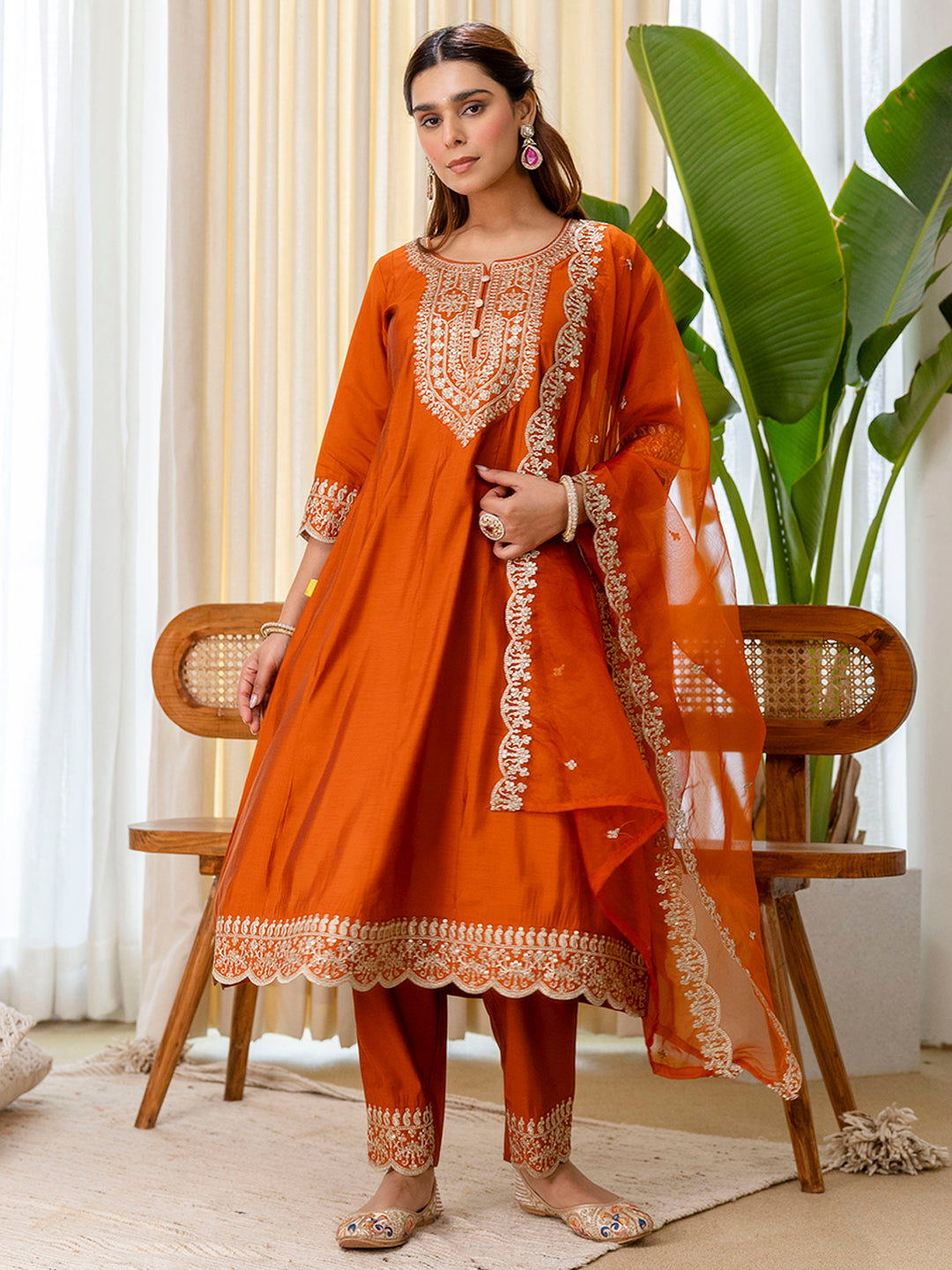 Myra Women’s Rust Festive Embroidered Yoke Straight Kurta Pant Set with Dupatta