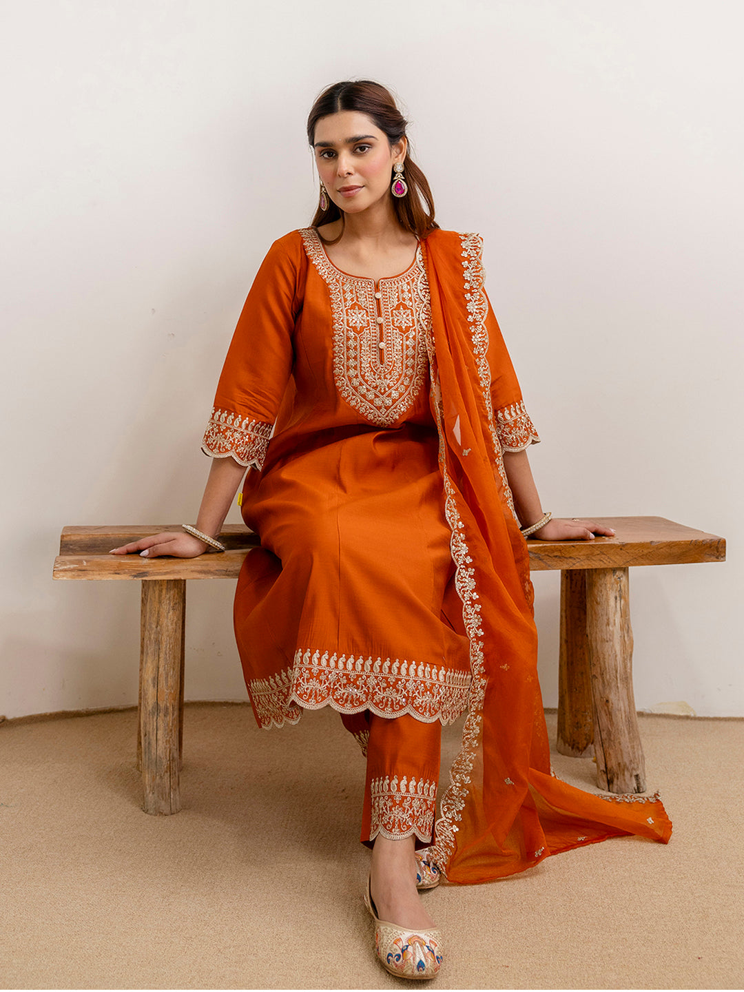 Myra Women’s Rust Festive Embroidered Yoke Straight Kurta Pant Set with Dupatta