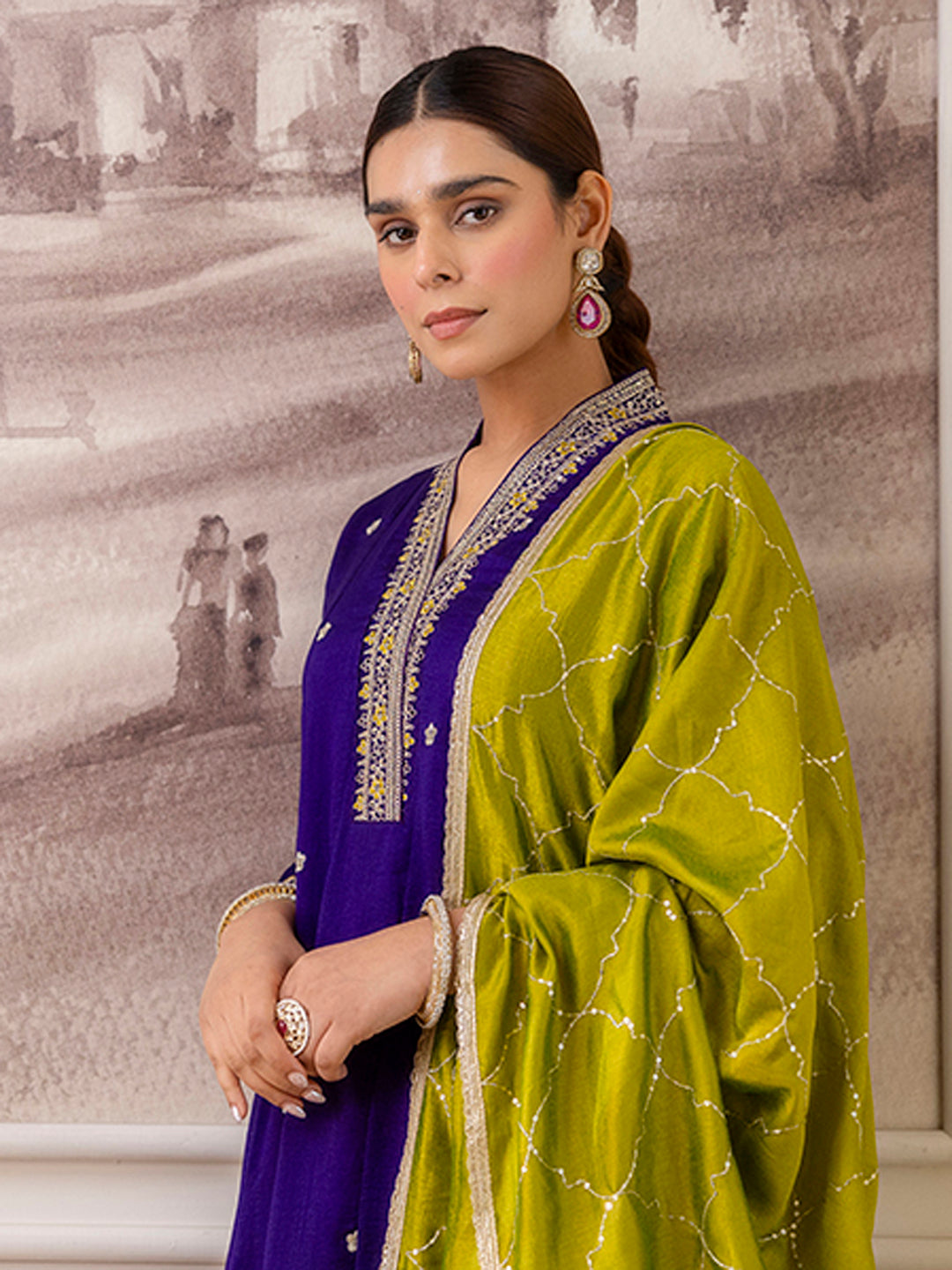 Kritika Women's Purple Festive Thread Work Straight Kurta Set