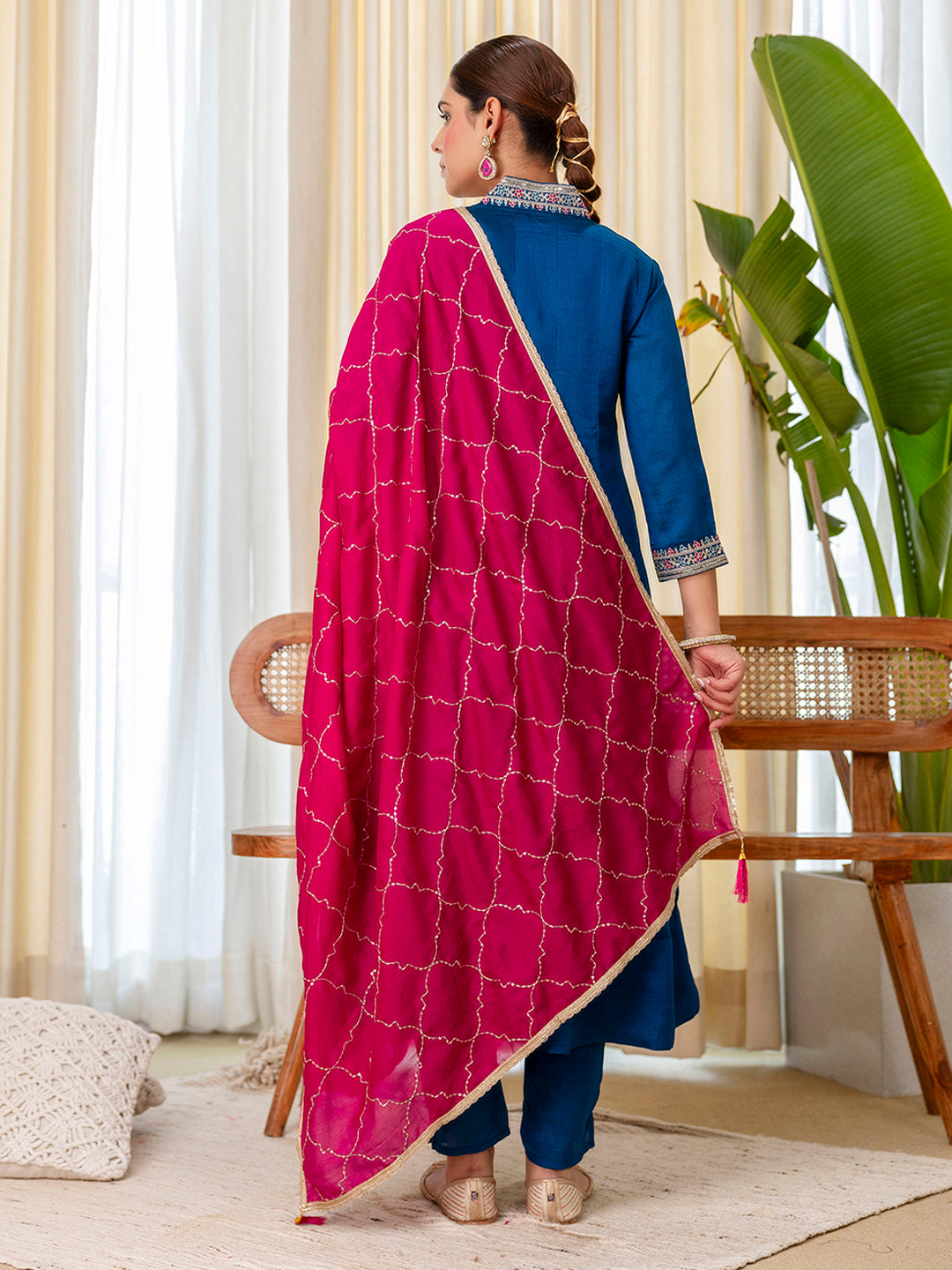 Tara Women's Dark Teal Blue Silk Blend Straight Festive Kurta Set with Pink Dupatta