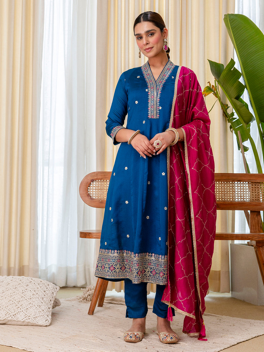 Tara Women's Dark Teal Blue Silk Blend Straight Festive Kurta Set with Pink Dupatta