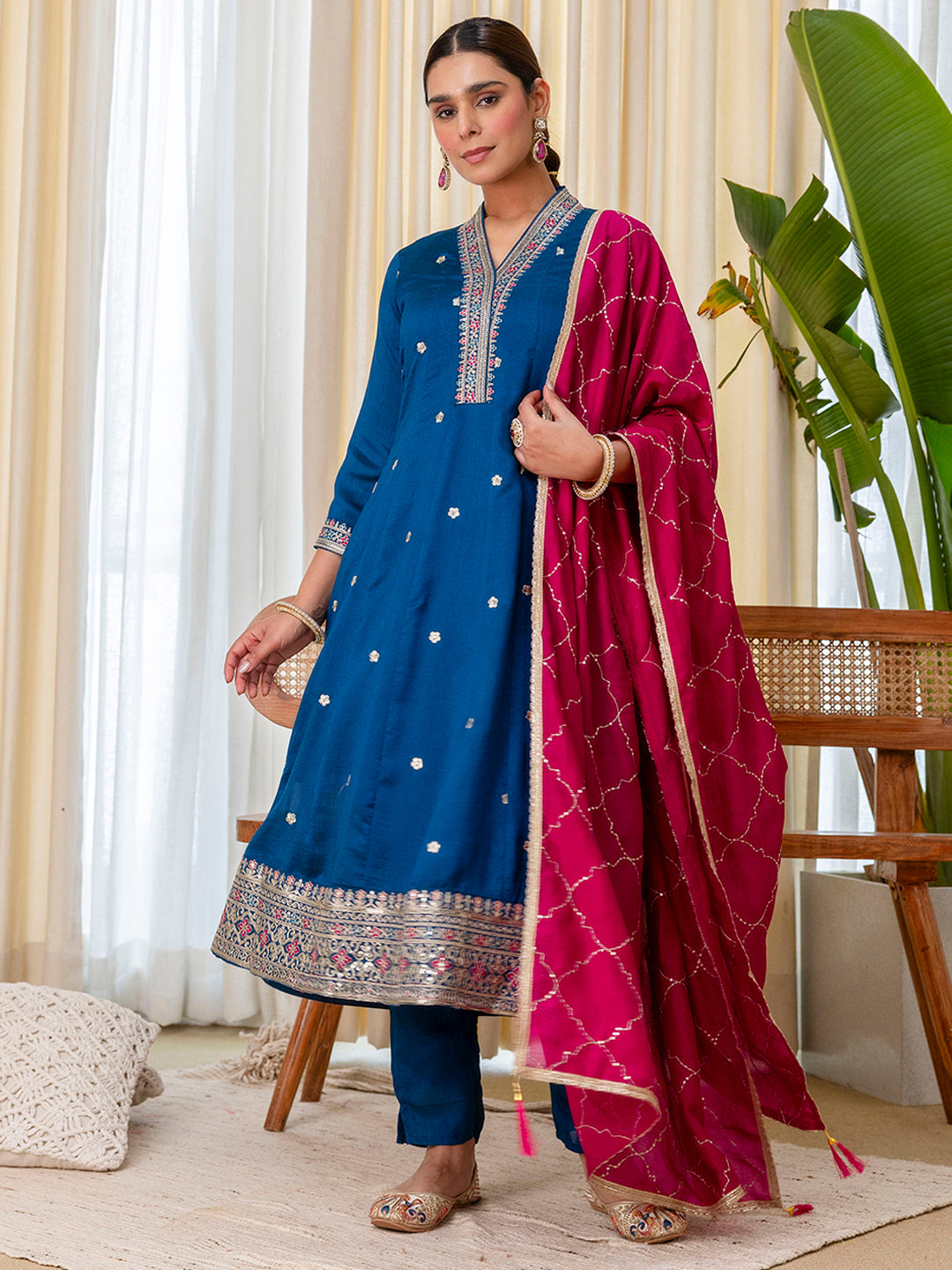 Tara Women's Dark Teal Blue Silk Blend Straight Festive Kurta Set with Pink Dupatta