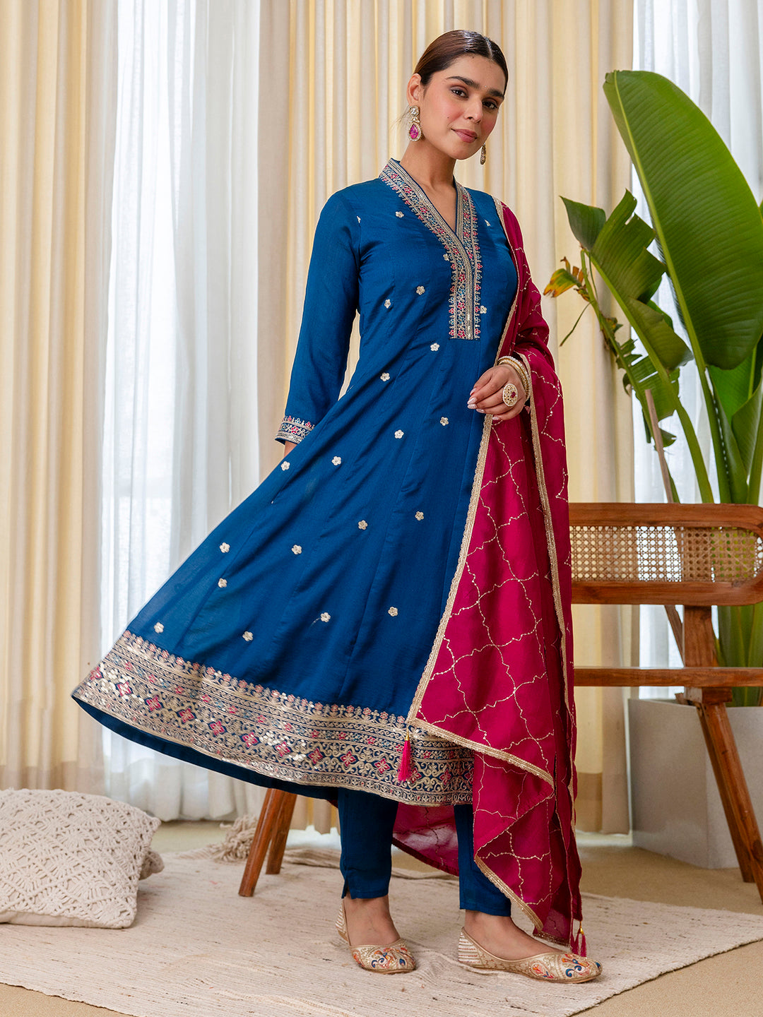 Tara Women's Dark Teal Blue Silk Blend Straight Festive Kurta Set with Pink Dupatta