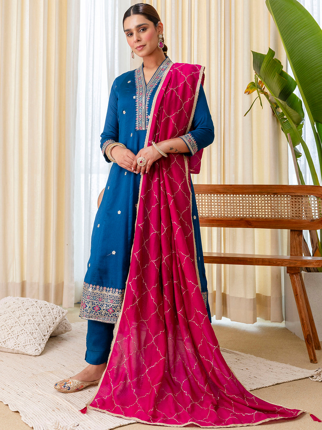 Tara Women's Dark Teal Blue Silk Blend Straight Festive Kurta Set with Pink Dupatta