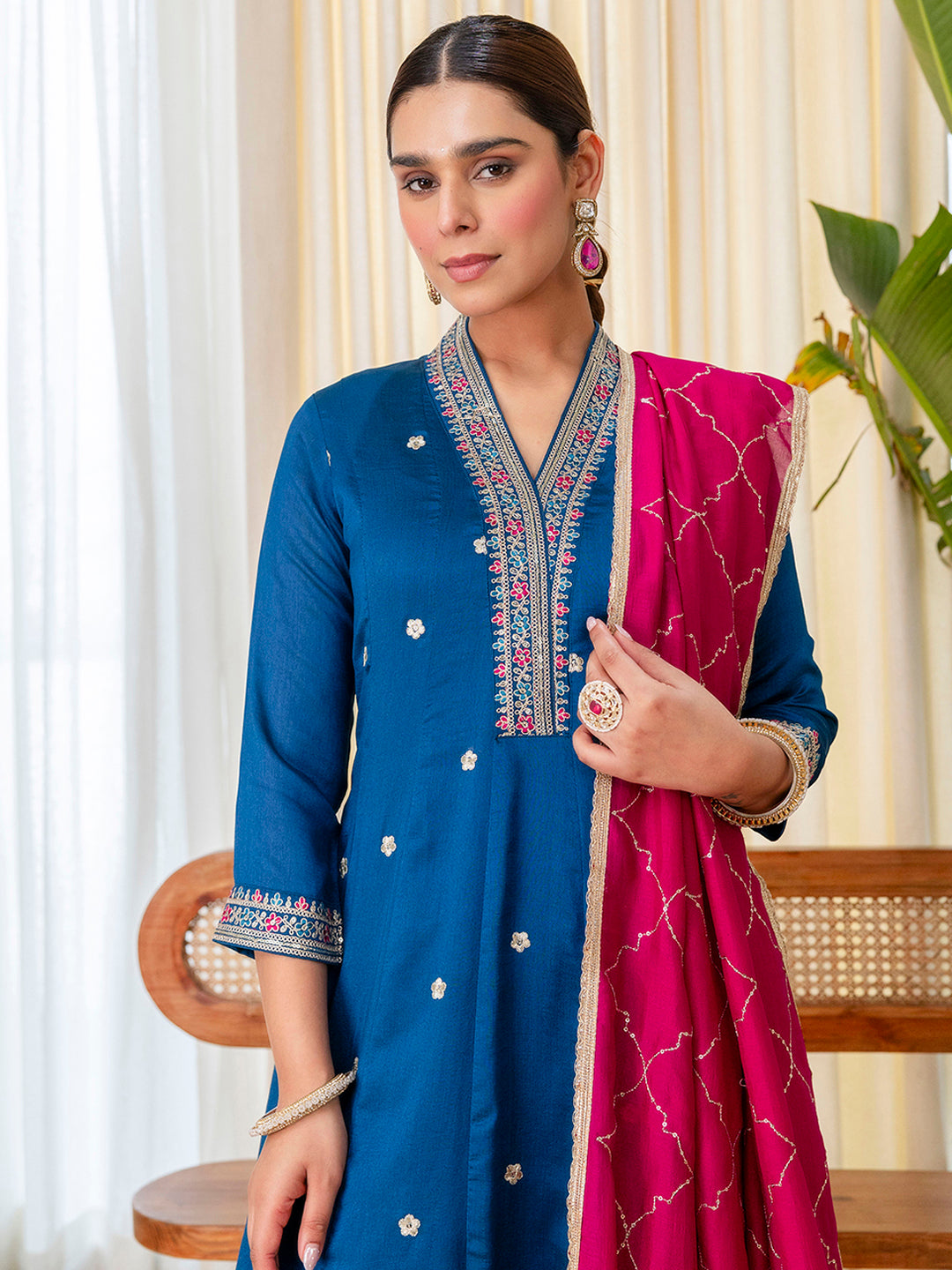 Tara Women's Dark Teal Blue Silk Blend Straight Festive Kurta Set with Pink Dupatta