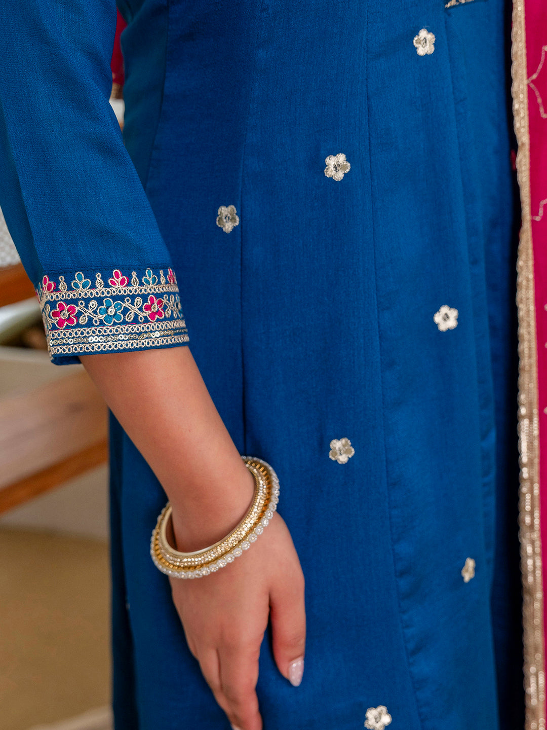 Tara Women's Dark Teal Blue Silk Blend Straight Festive Kurta Set with Pink Dupatta