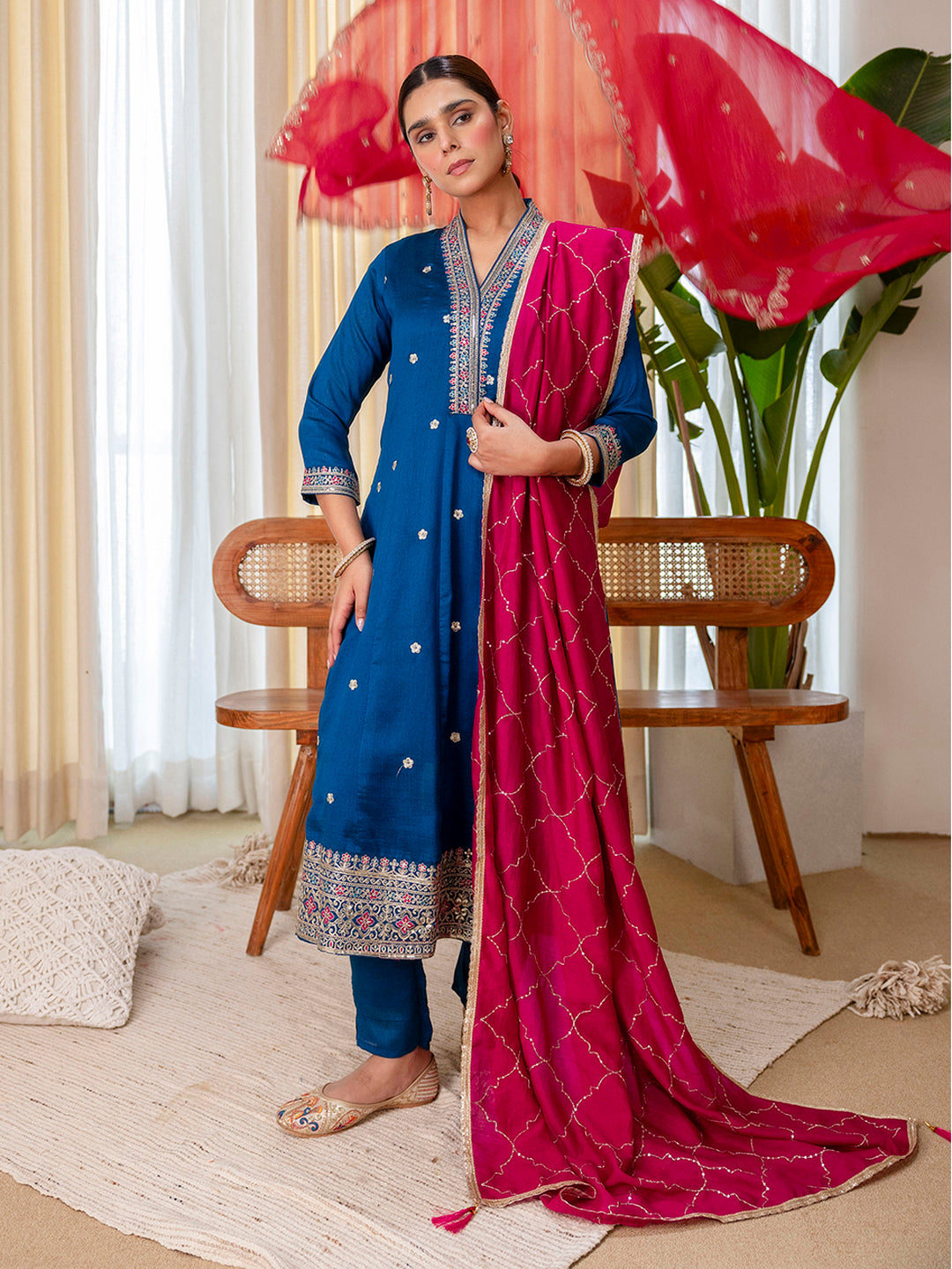 Tara Women's Dark Teal Blue Silk Blend Straight Festive Kurta Set with Pink Dupatta