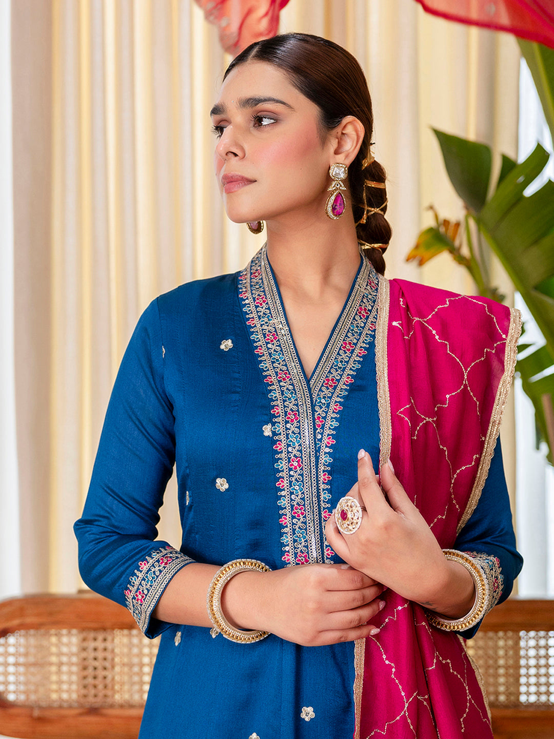 Tara Women's Dark Teal Blue Silk Blend Straight Festive Kurta Set with Pink Dupatta