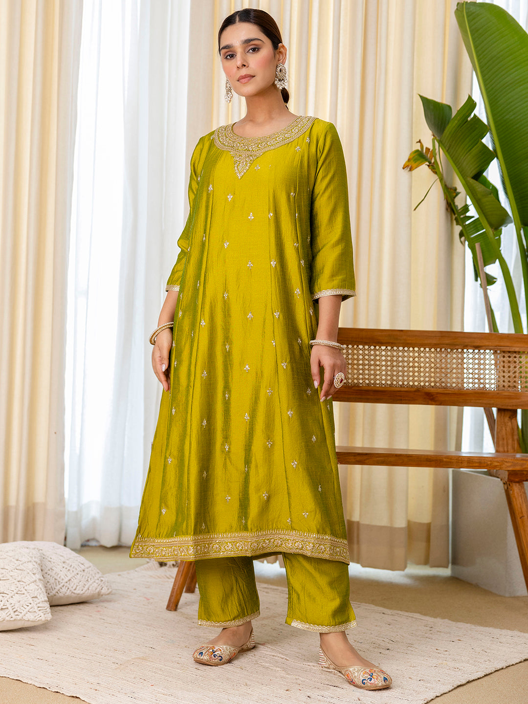 Luna Women’s Lemon Green Festive Embroidered Straight Kurta Pant Ensemble