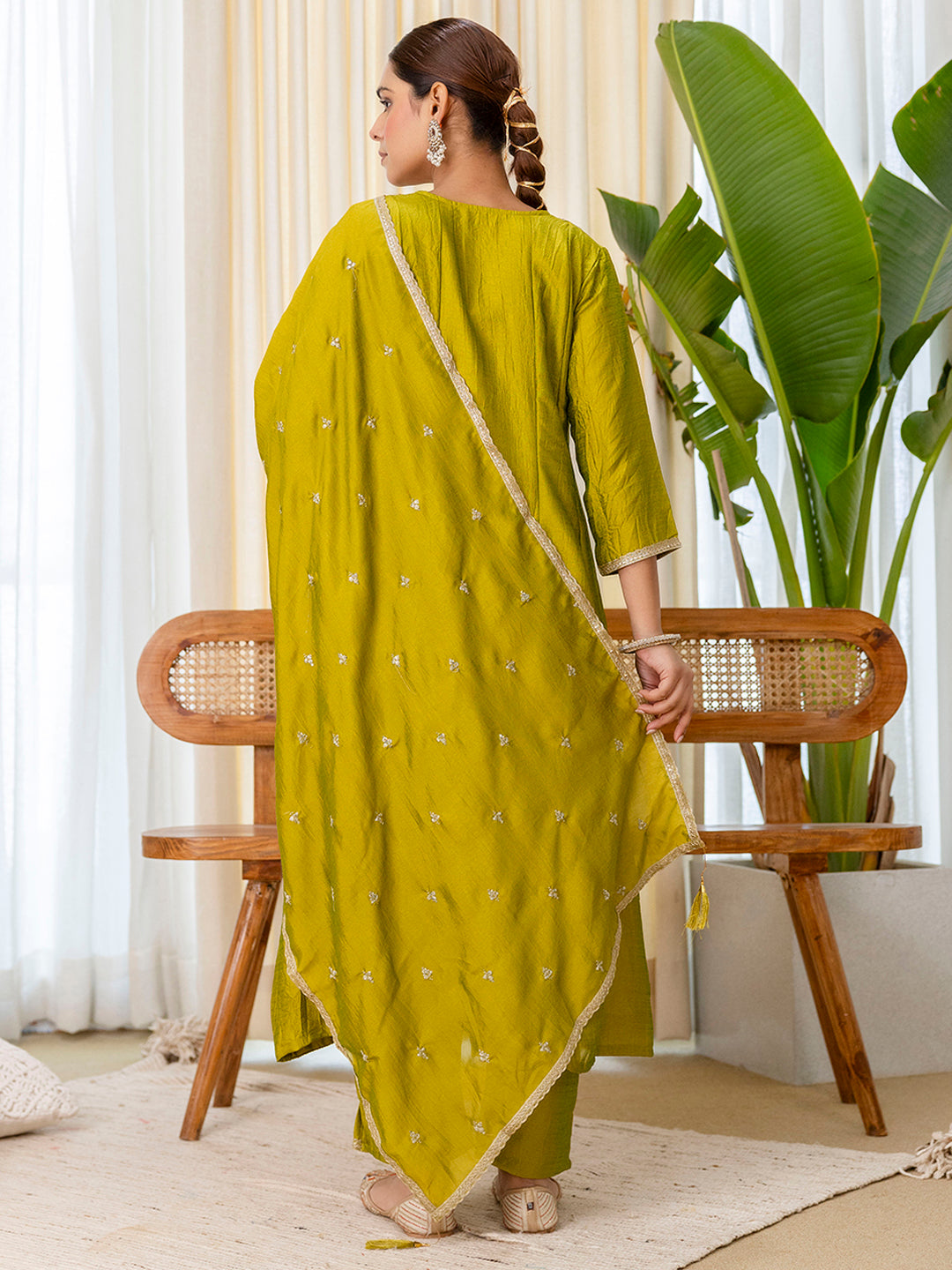 Luna Women’s Lemon Green Festive Embroidered Straight Kurta Pant Ensemble