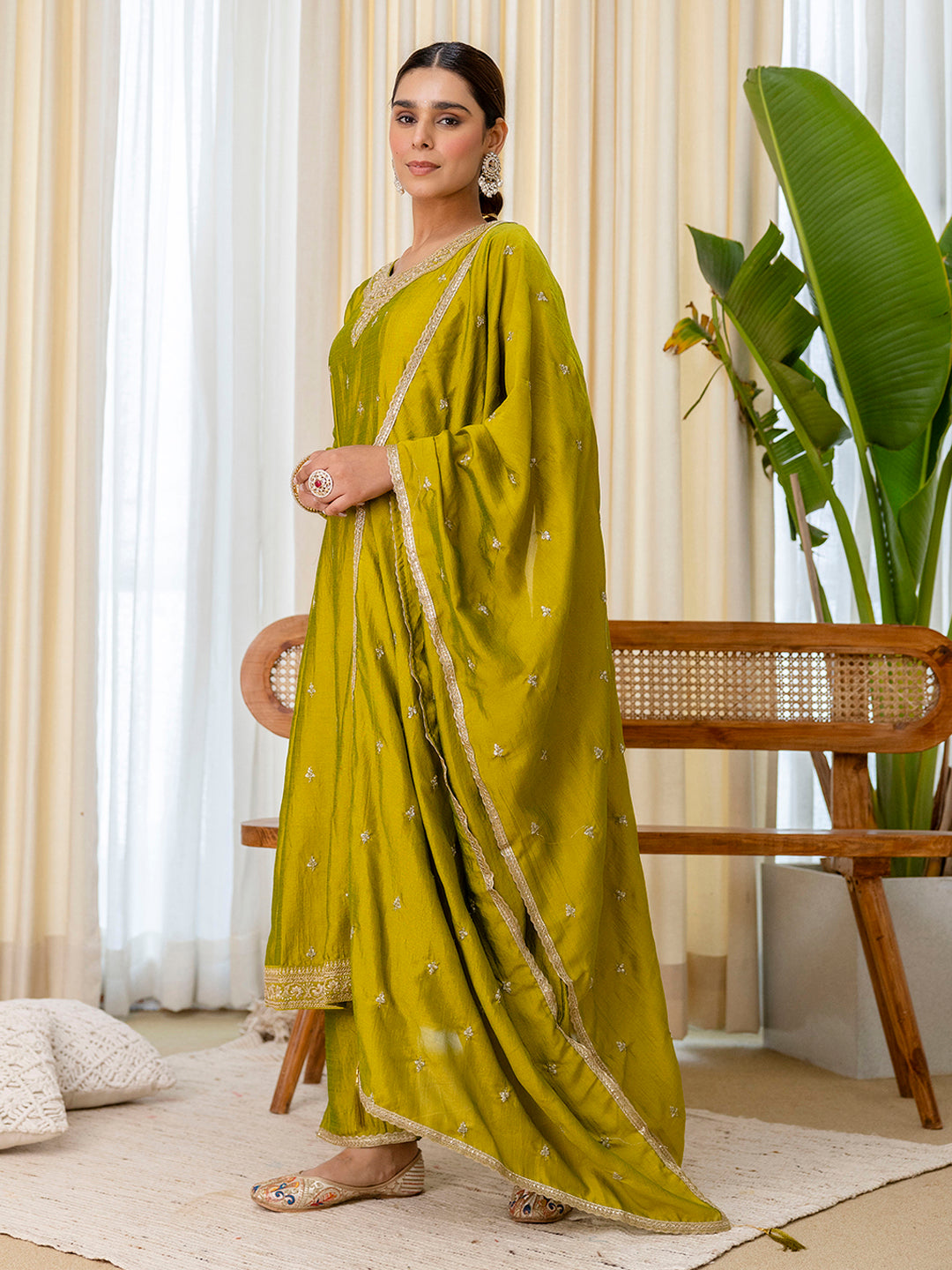Lemon Silk Blend Embroidered with Sequins Anarkali Kurta Pant Dupatta Set