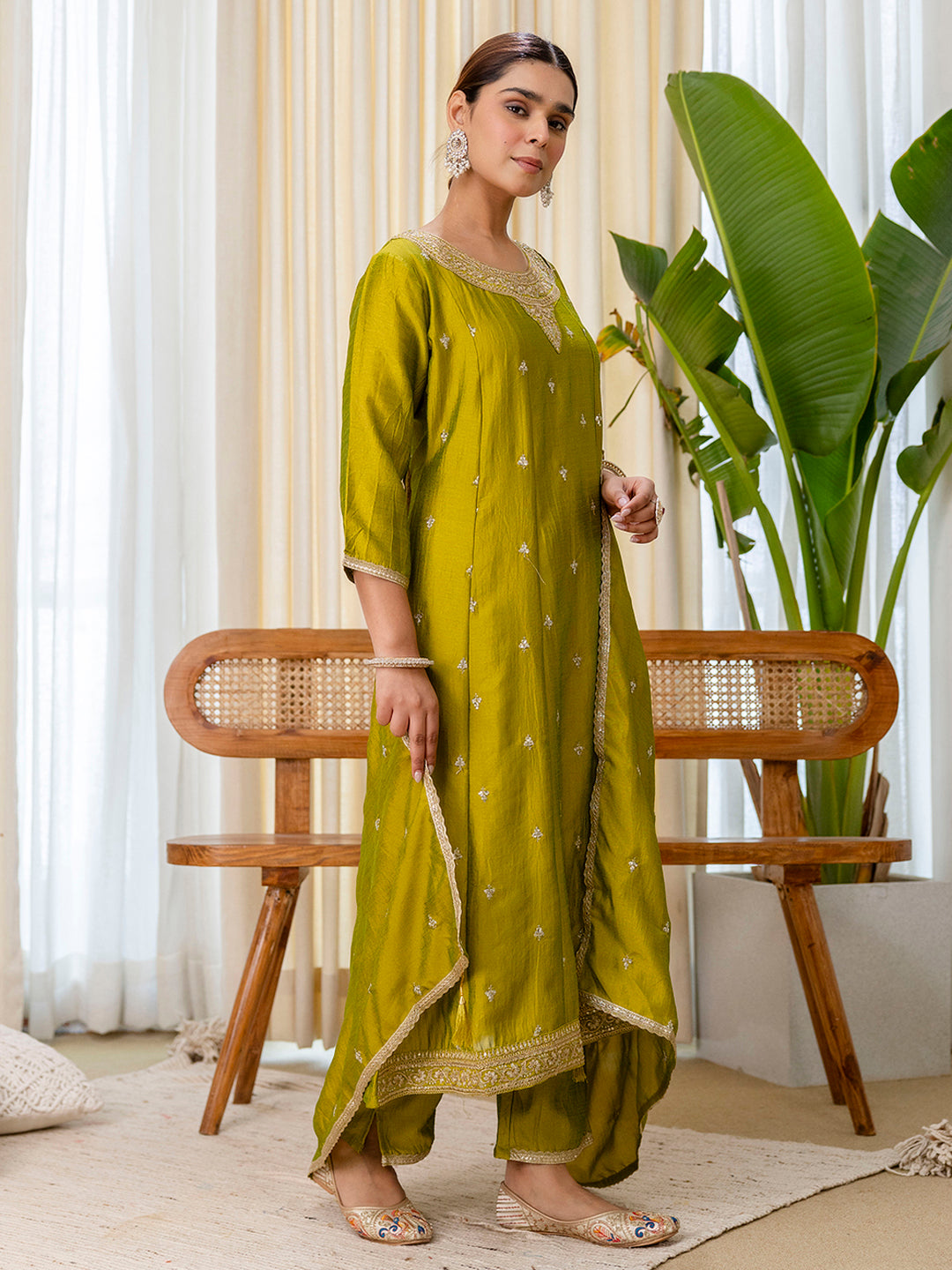 Luna Women’s Lemon Green Festive Embroidered Straight Kurta Pant Ensemble