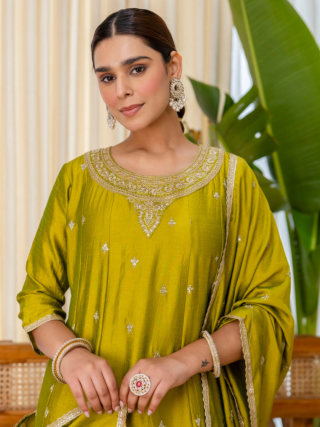 Luna Women’s Lemon Green Festive Embroidered Straight Kurta Pant Ensemble