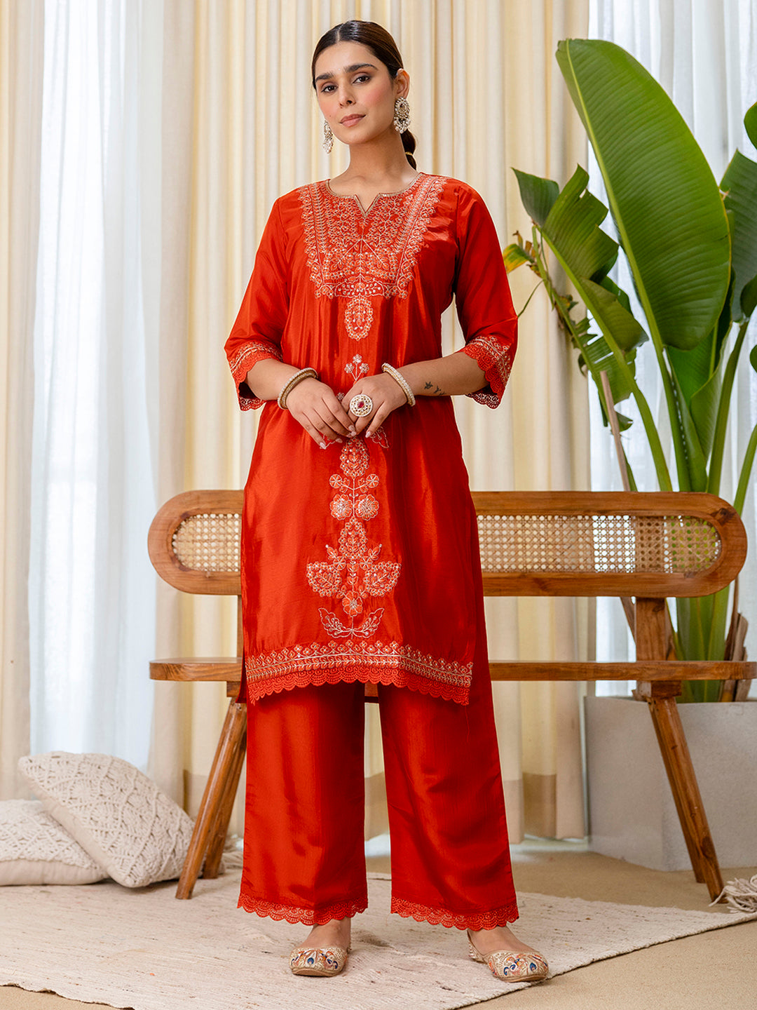 Kavita Women's Rust Silk Blend Festive Kurta Set with Heavily Embroidered Yoke