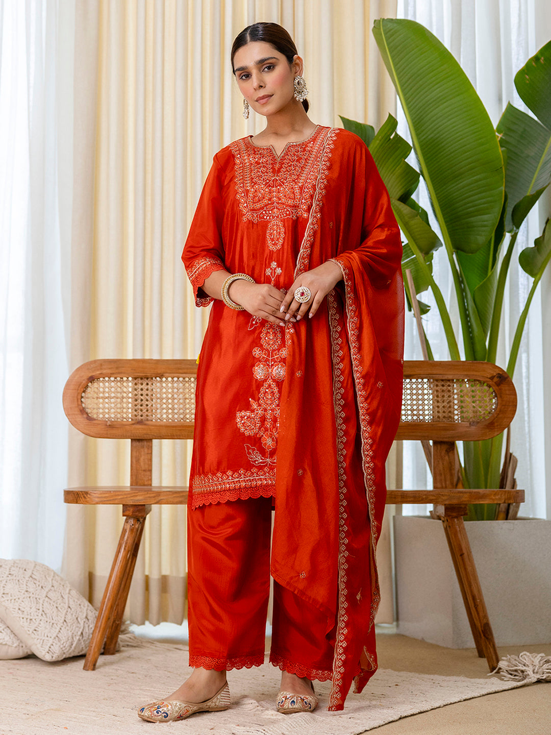 Kavita Women's Rust Silk Blend Festive Kurta Set with Heavily Embroidered Yoke