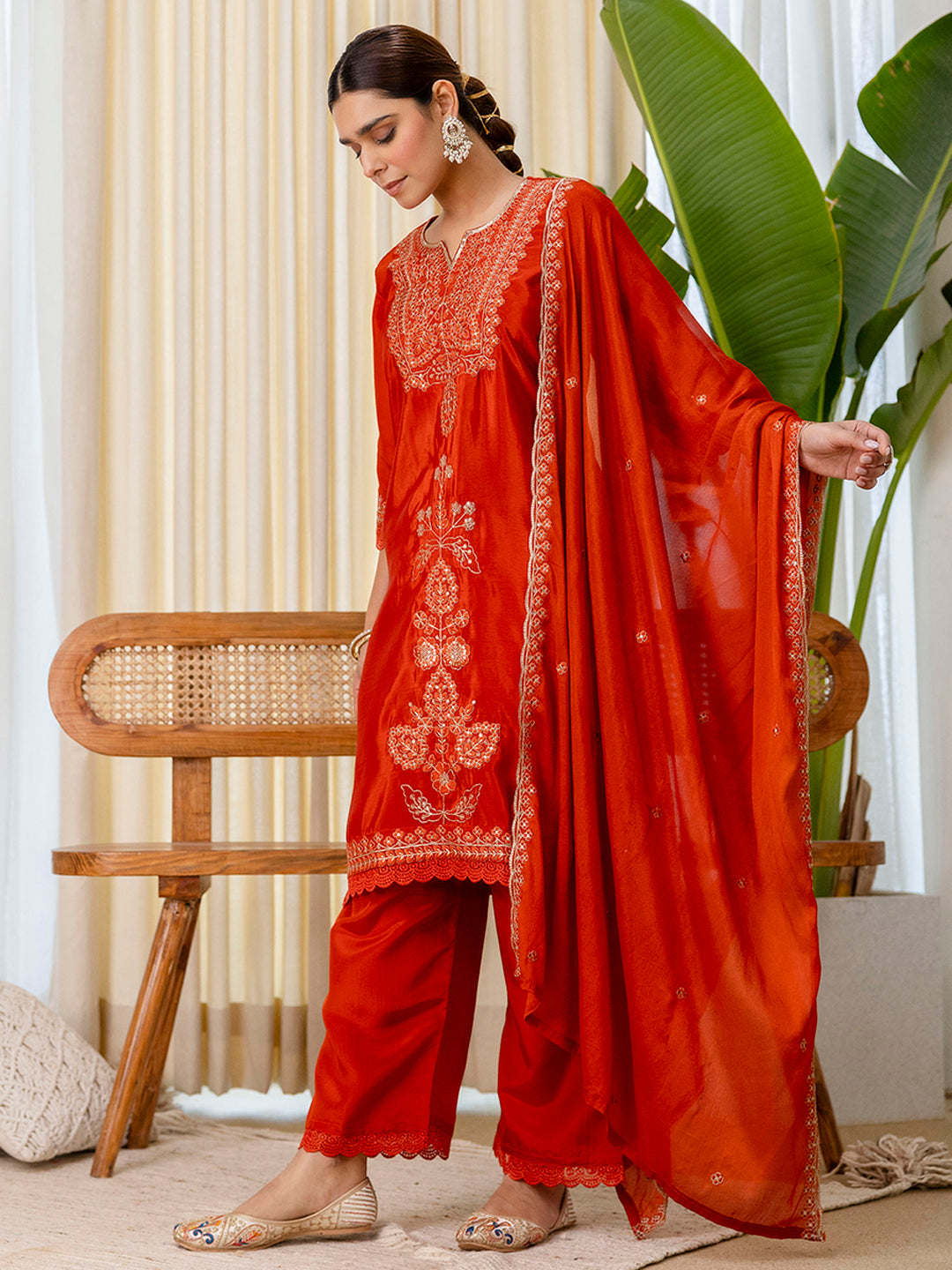 Kavita Women's Rust Silk Blend Festive Kurta Set with Heavily Embroidered Yoke