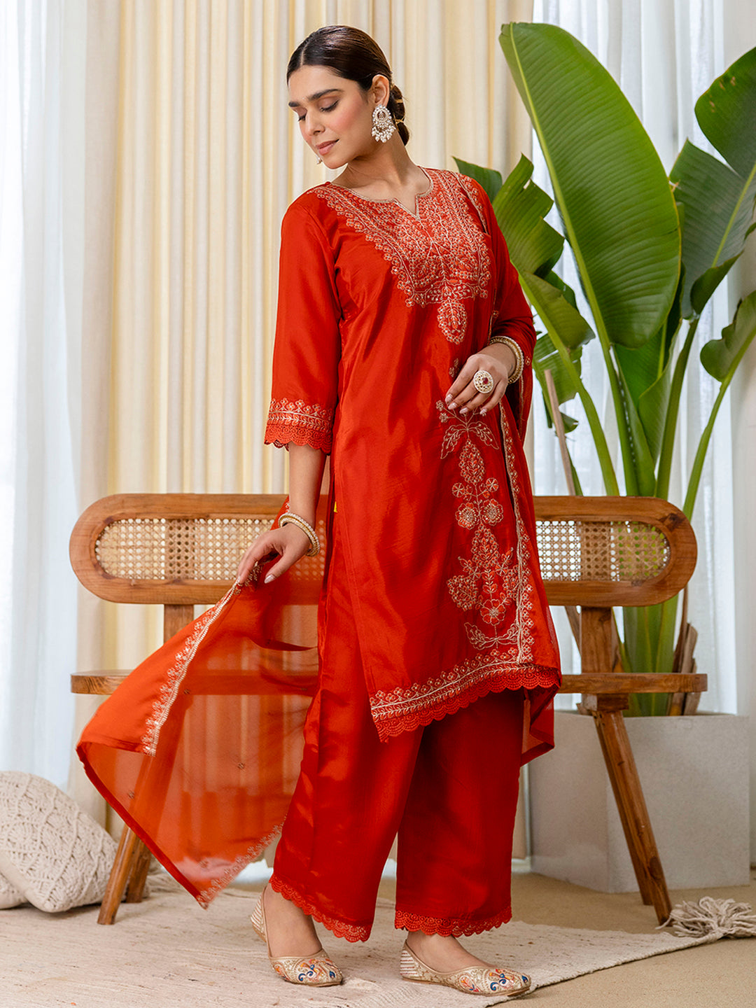 Kavita Women's Rust Silk Blend Festive Kurta Set with Heavily Embroidered Yoke