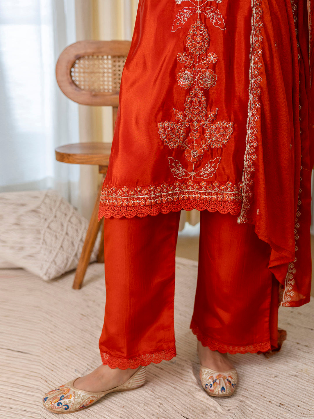 Kavita Women's Rust Silk Blend Festive Kurta Set with Heavily Embroidered Yoke