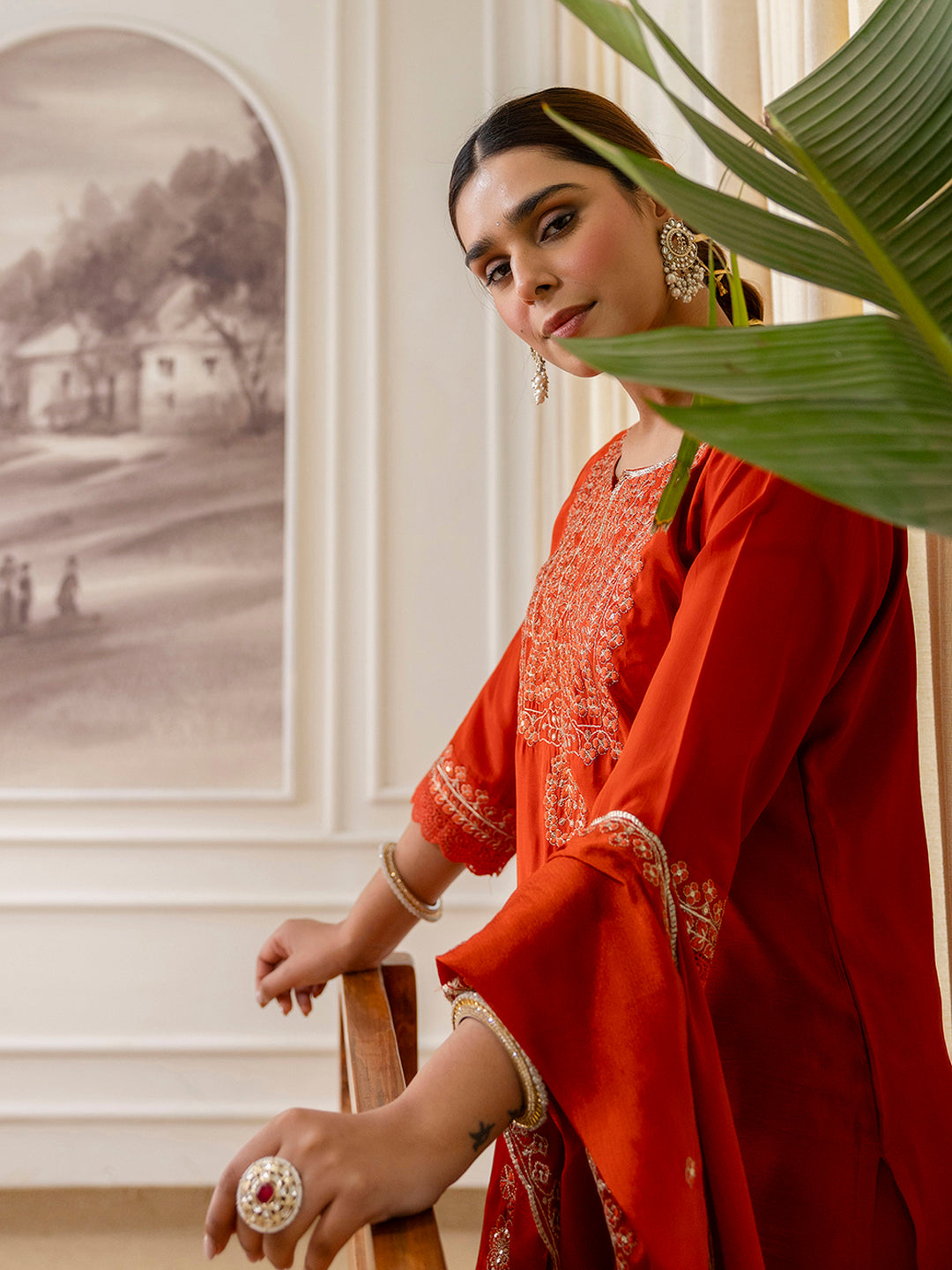 Kavita Women's Rust Silk Blend Festive Kurta Set with Heavily Embroidered Yoke