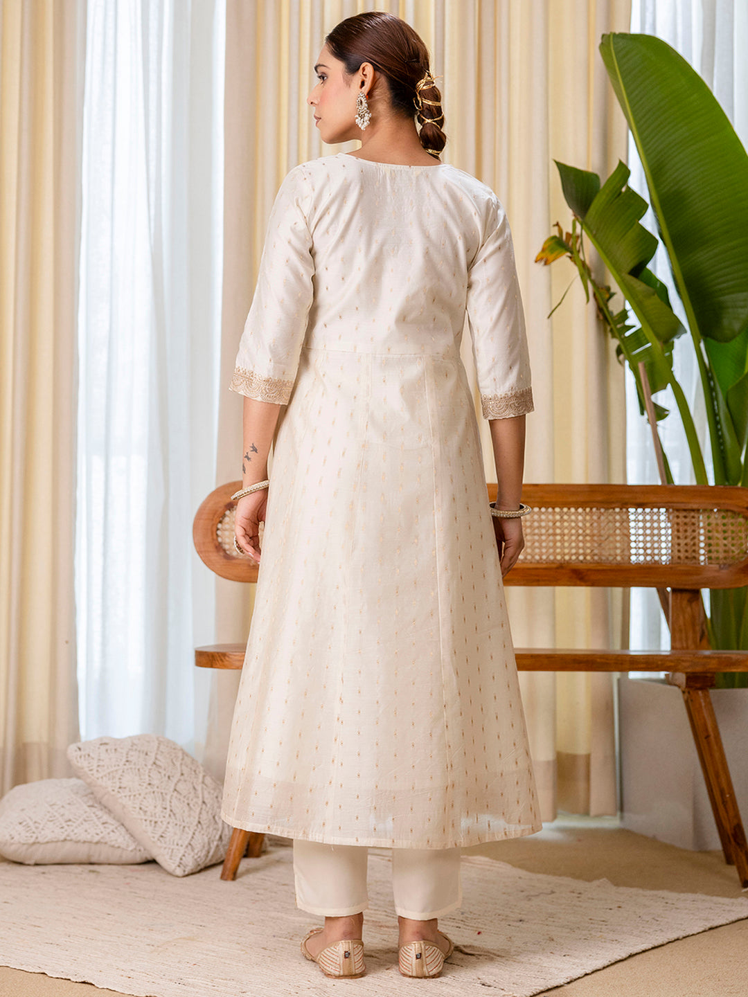 Zoya Women’s White & Red Festive Embroidered Yoke Straight Kurta Pant Set