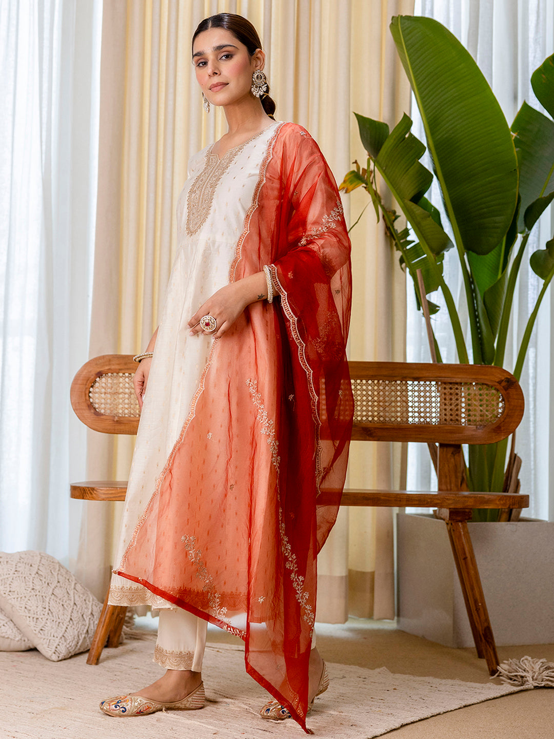 Zoya Women’s White & Red Festive Embroidered Yoke Straight Kurta Pant Set