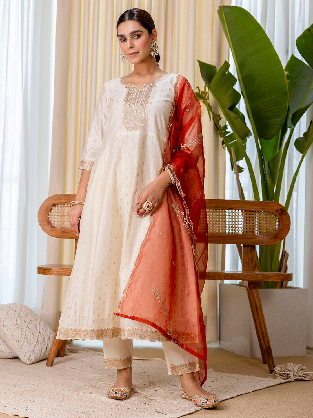 Zoya Women’s White & Red Festive Embroidered Yoke Straight Kurta Pant Set