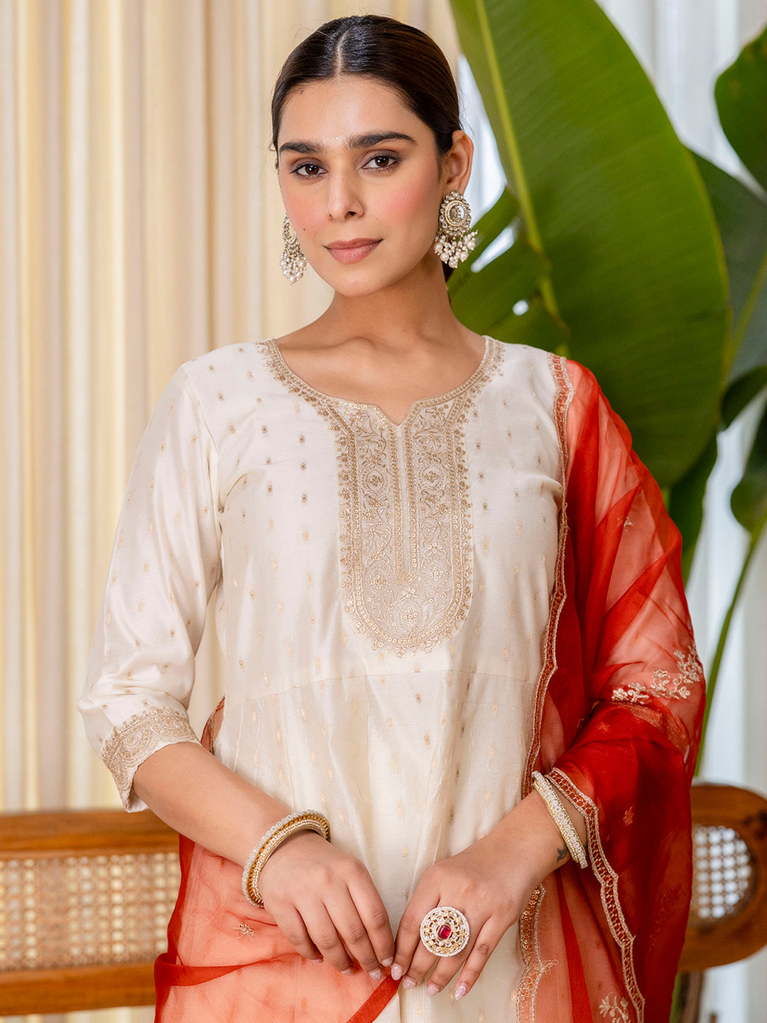 Zoya Women’s White & Red Festive Embroidered Yoke Straight Kurta Pant Set