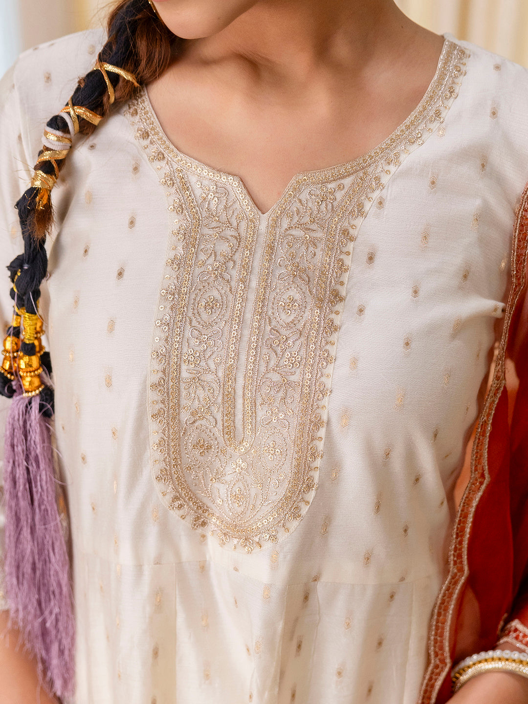 Zoya Women’s White & Red Festive Embroidered Yoke Straight Kurta Pant Set
