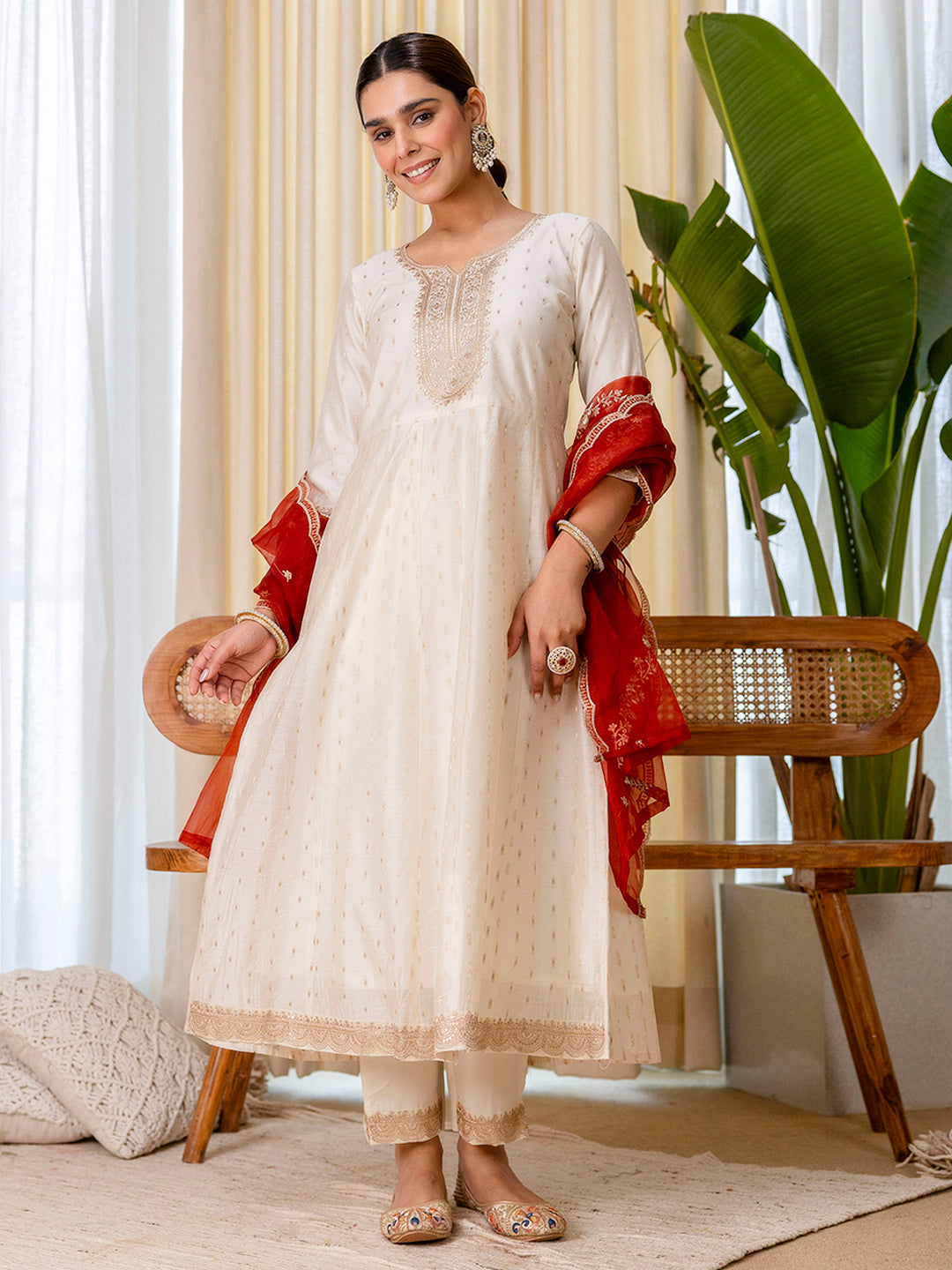 Zoya Women’s White & Red Festive Embroidered Yoke Straight Kurta Pant Set