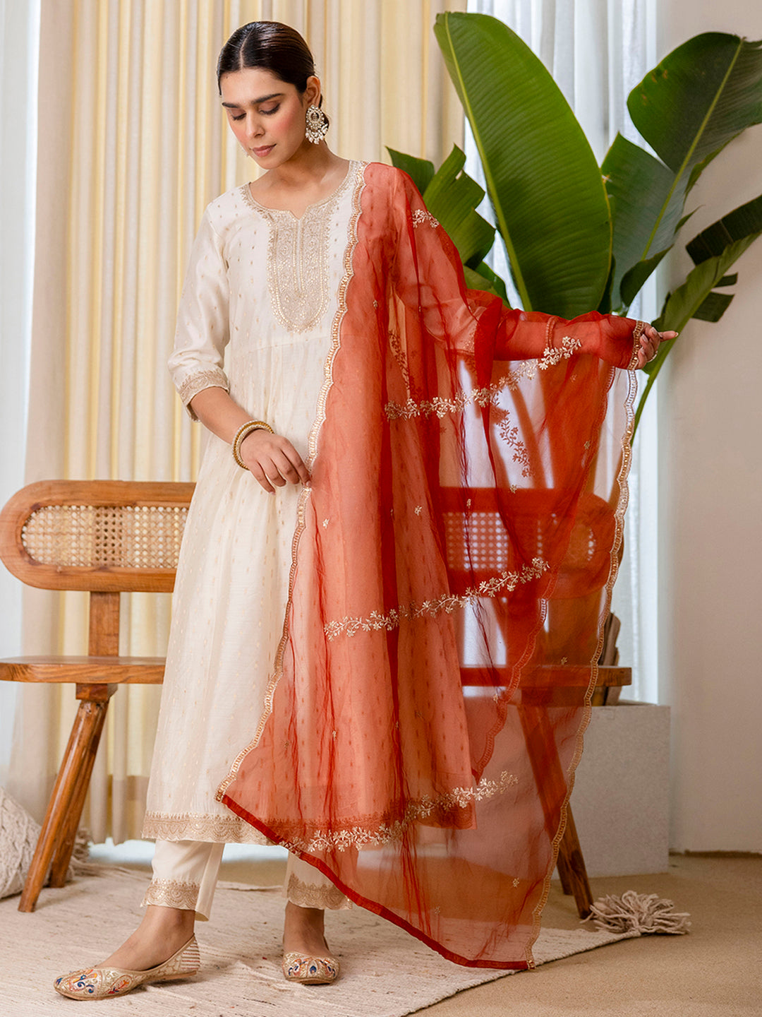 Zoya Women’s White & Red Festive Embroidered Yoke Straight Kurta Pant Set