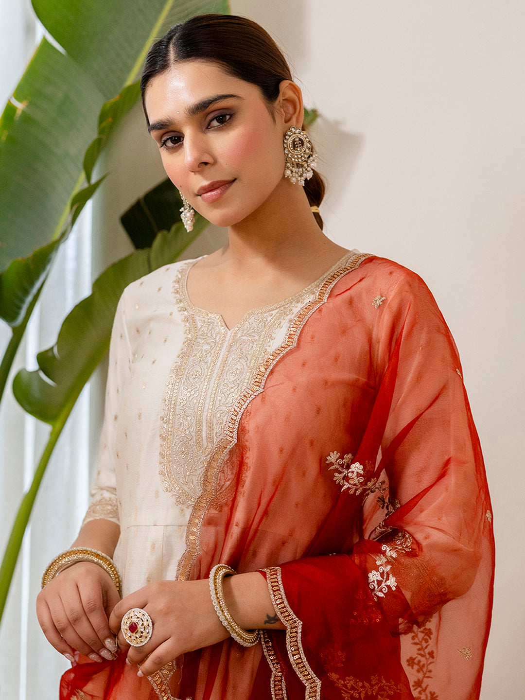 Zoya Women’s White & Red Festive Embroidered Yoke Straight Kurta Pant Set