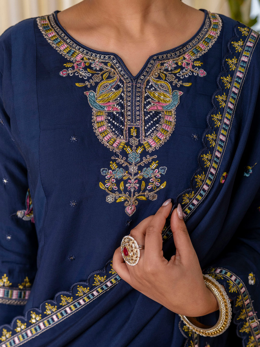 Sana Women's Teal Blue Festive Pichwai Inspired Embroidered Straight Kurta Set