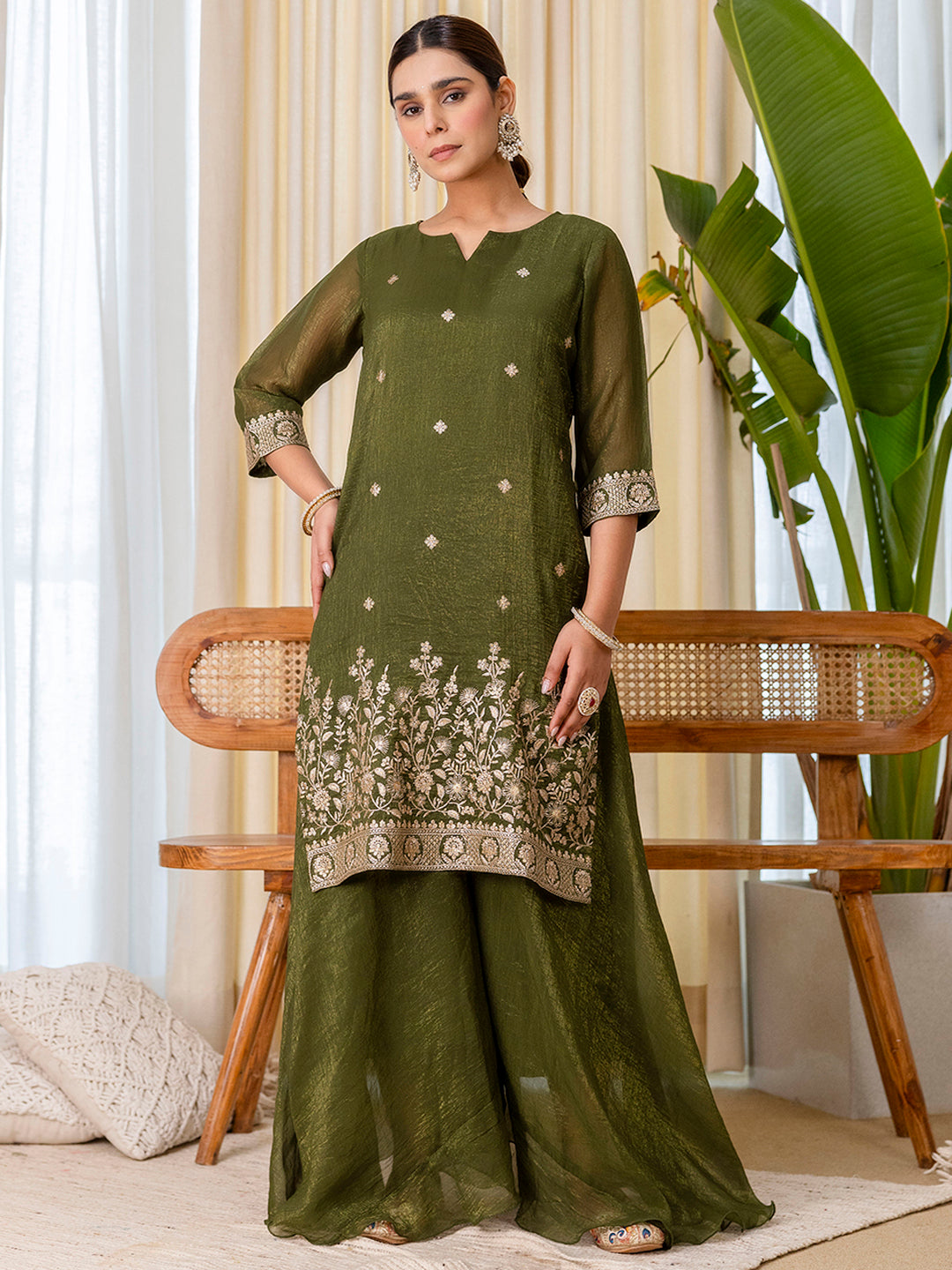 Jiya Women's Green Festive Thread Work Kurta Set with Sheer Wrap