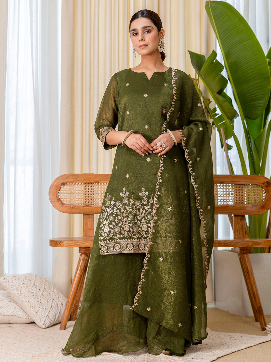Jiya Women's Green Festive Thread Work Kurta Set with Sheer Wrap