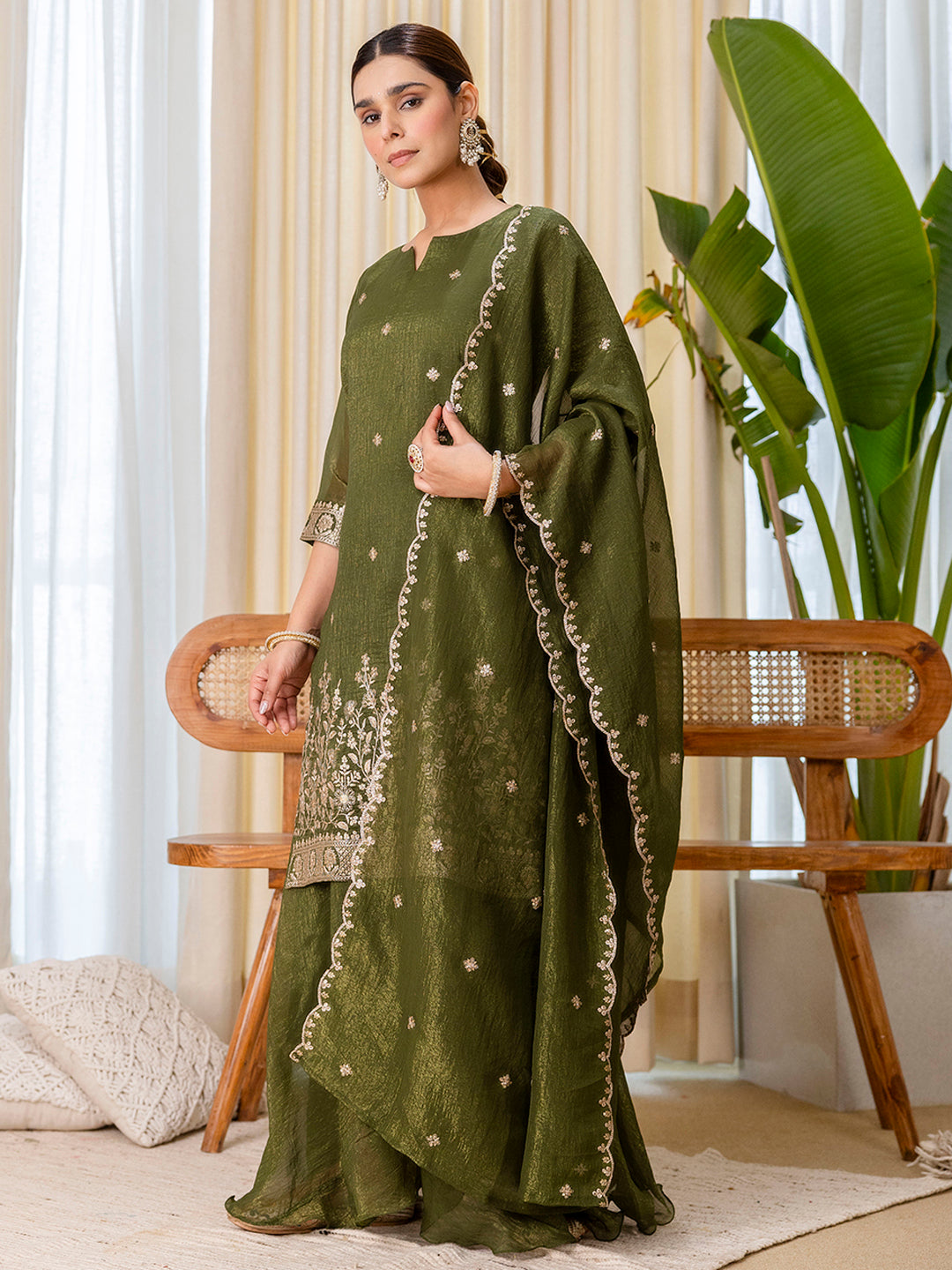 Vriti Green Embroidred Kurta Sets with Sequins Work Women Suits
