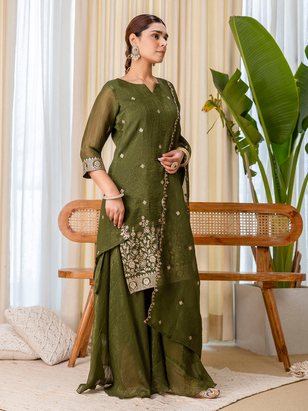 Jiya Women's Green Festive Thread Work Kurta Set with Sheer Wrap