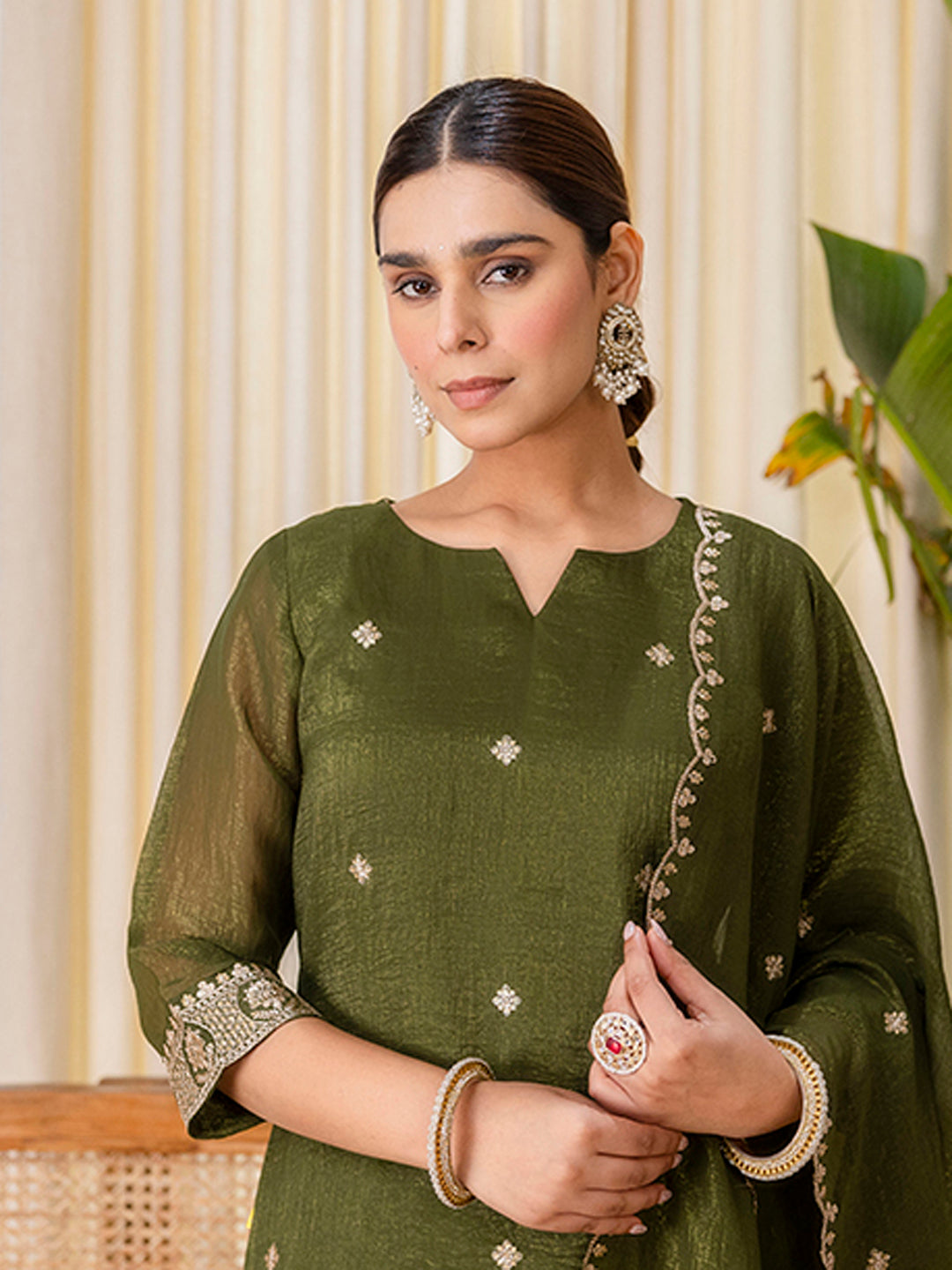 Vriti Green Embroidred Kurta Sets with Sequins Work Women Suits