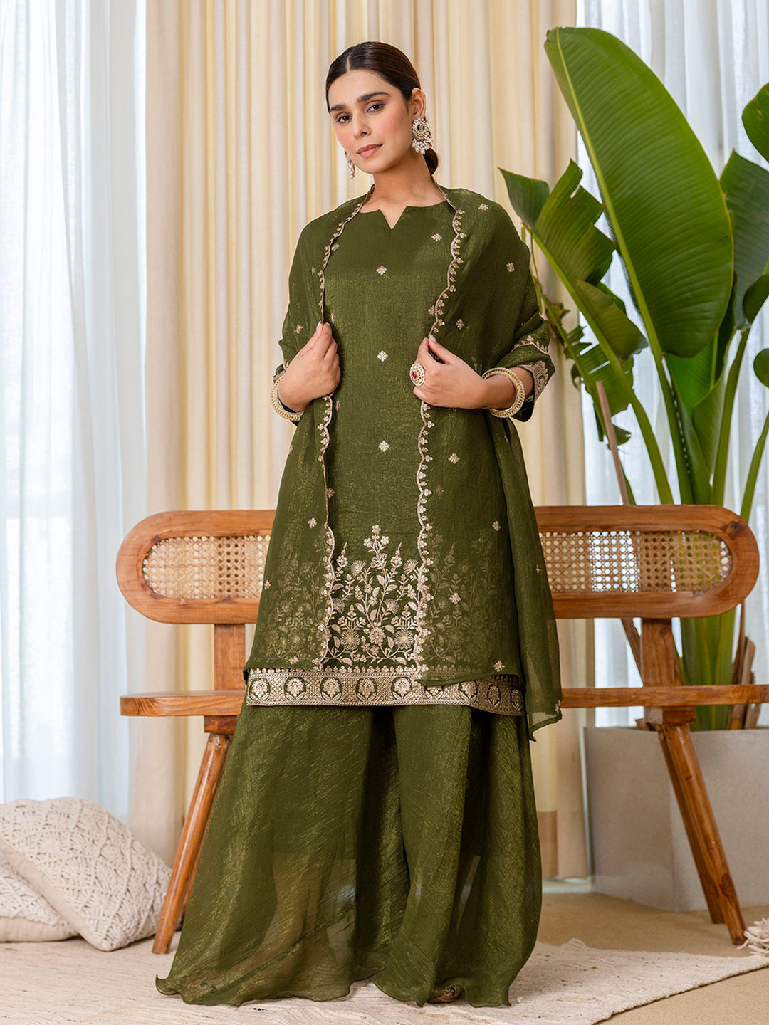 Vriti Green Embroidred Kurta Sets with Sequins Work Women Suits