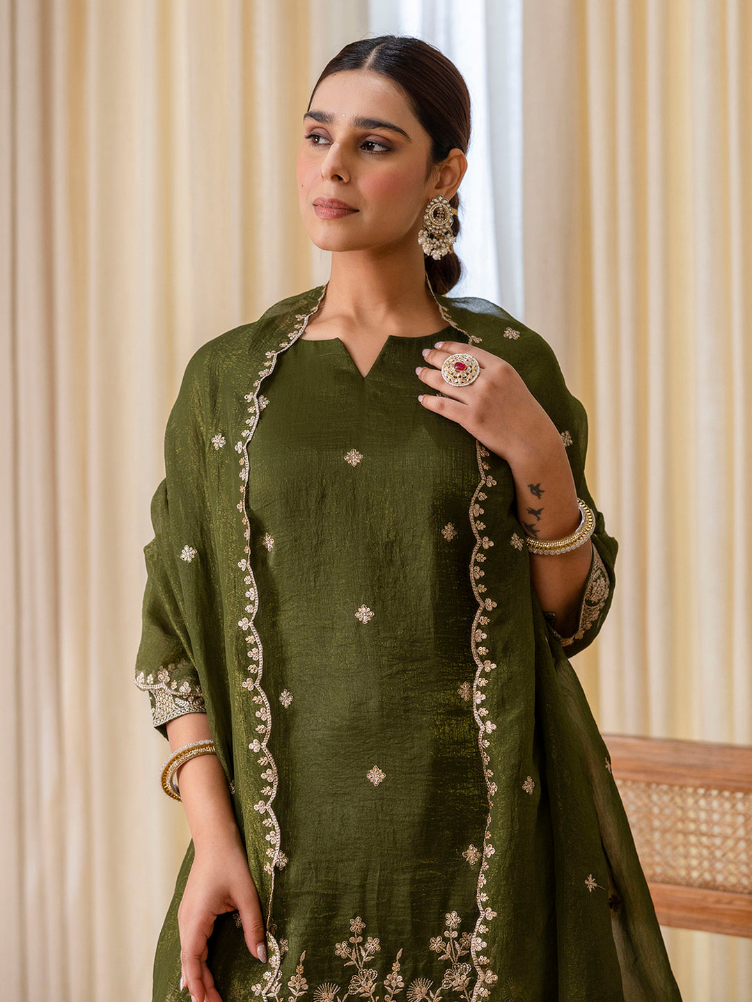 Jiya Women's Green Festive Thread Work Kurta Set with Sheer Wrap