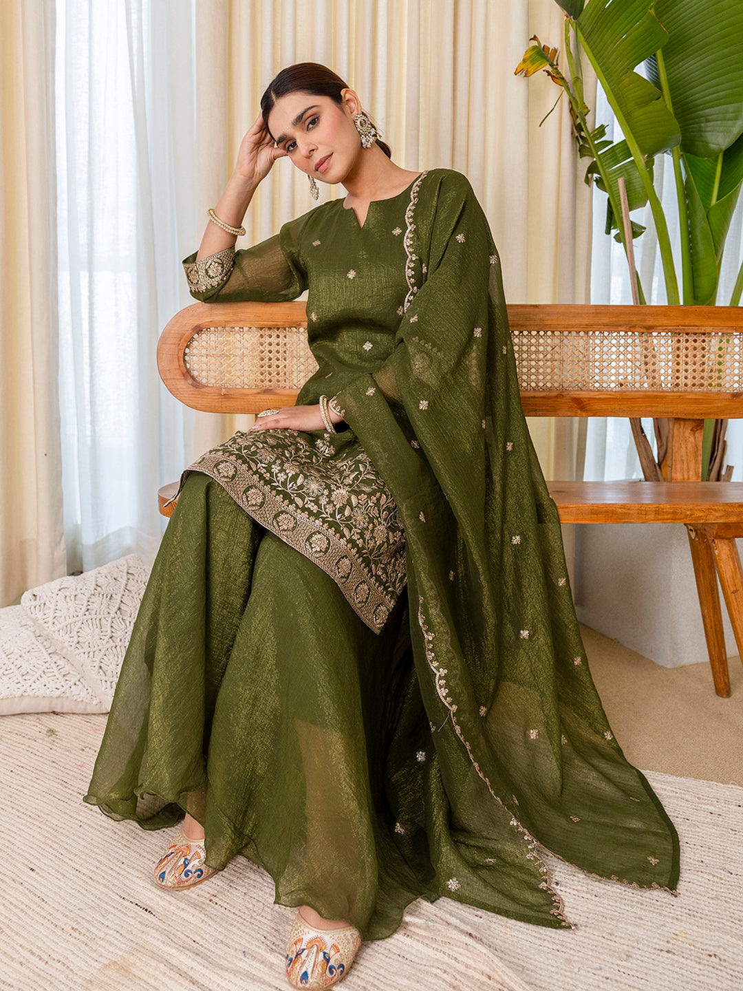 Vriti Green Embroidred Kurta Sets with Sequins Work Women Suits