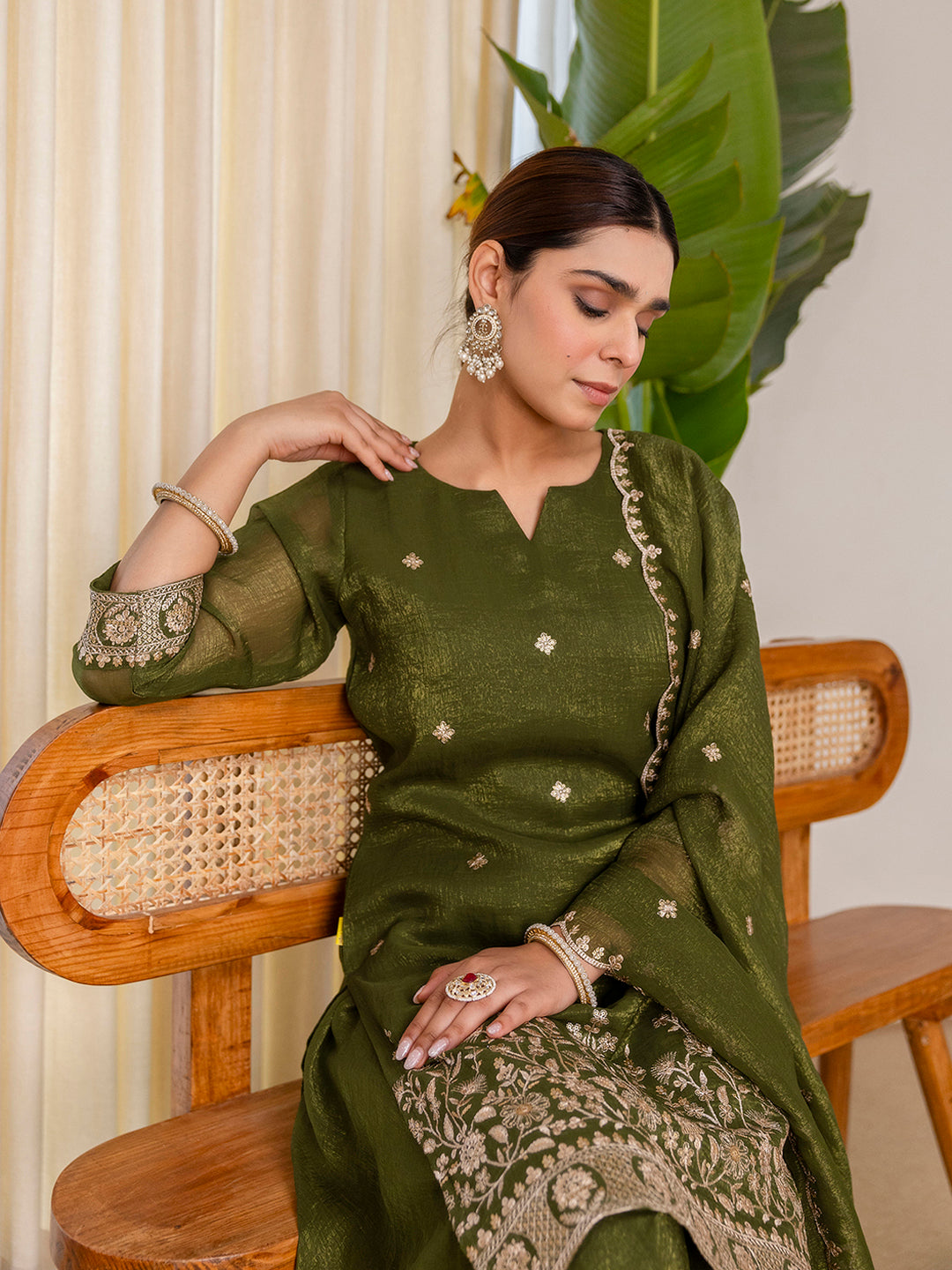 Jiya Women's Green Festive Thread Work Kurta Set with Sheer Wrap