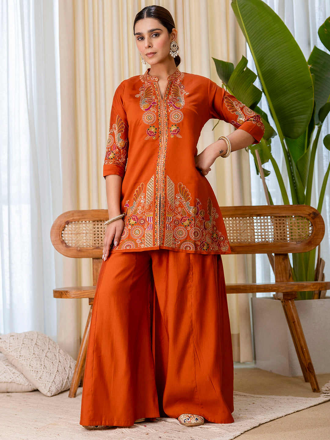 Avani Women's Rust Silk Blend Short Kurta Palazzo Set with Scalloped Dupatta