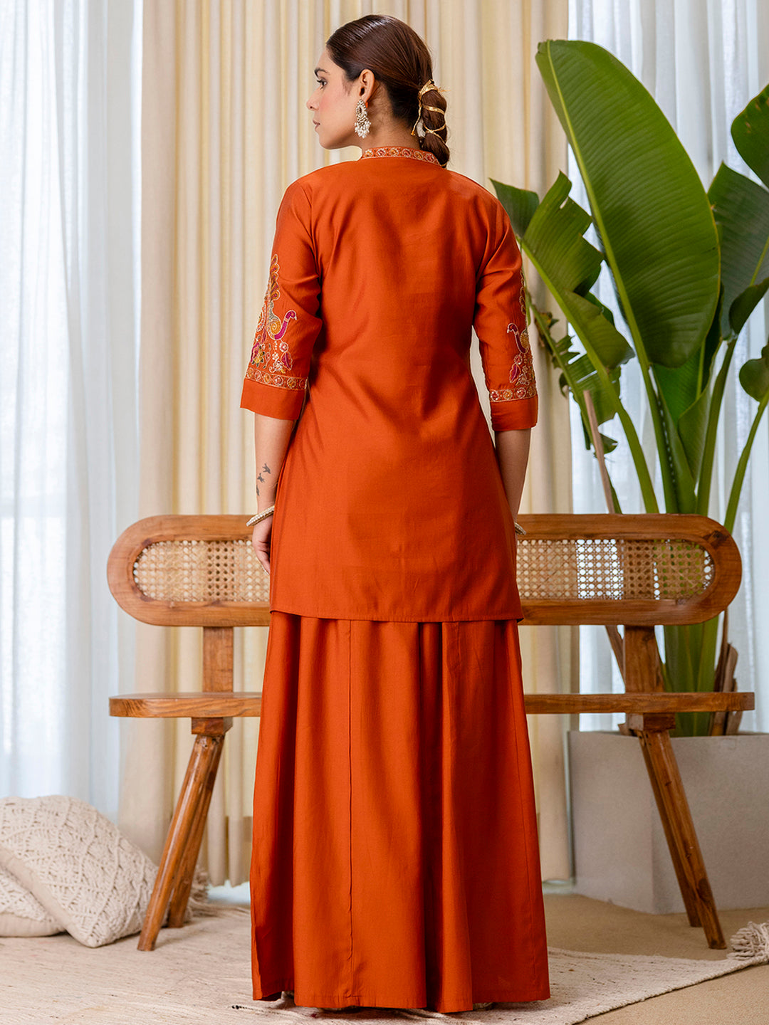 Avani Women's Rust Silk Blend Short Kurta Palazzo Set with Scalloped Dupatta