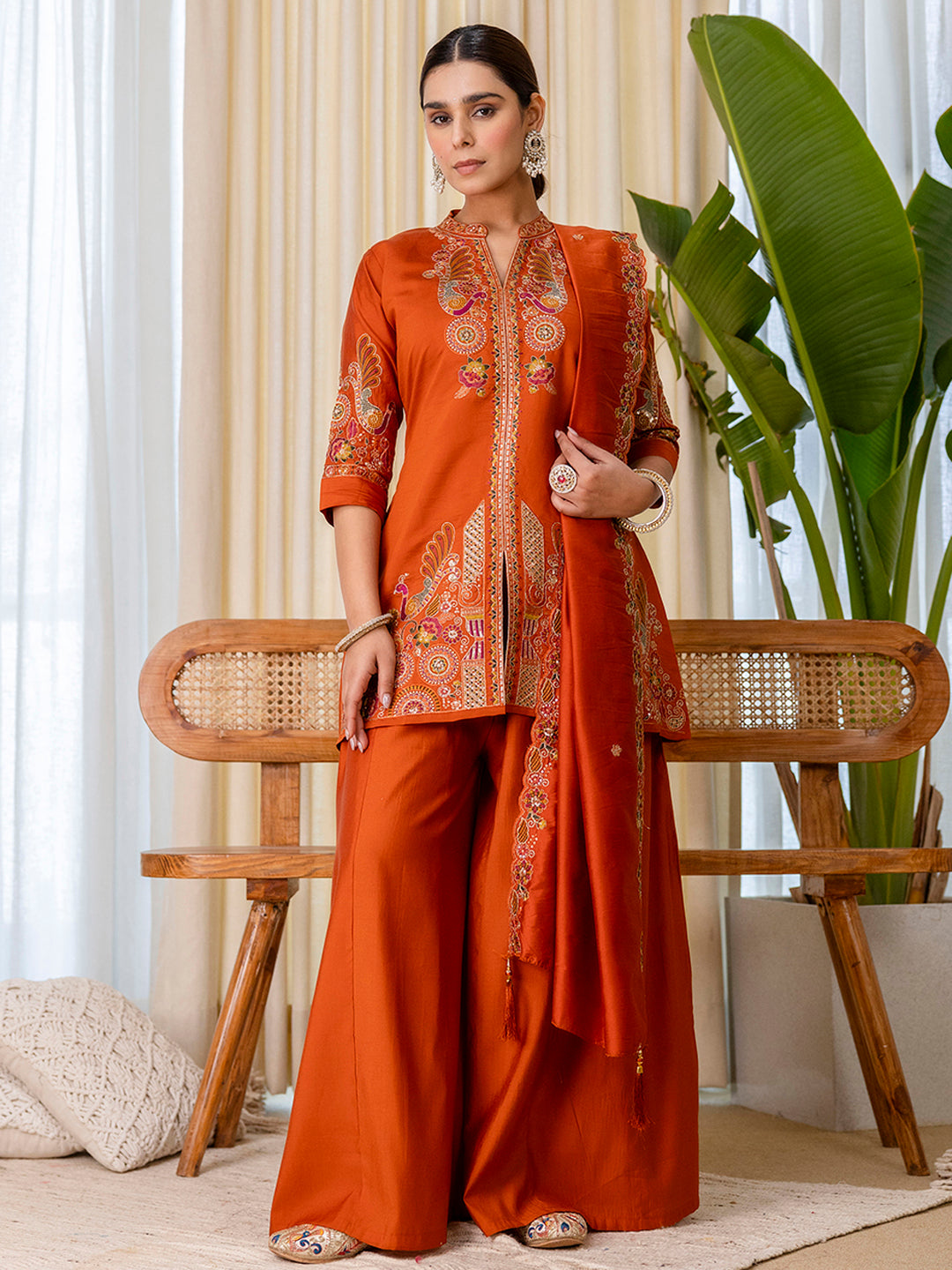 Avani Women's Rust Silk Blend Short Kurta Palazzo Set with Scalloped Dupatta